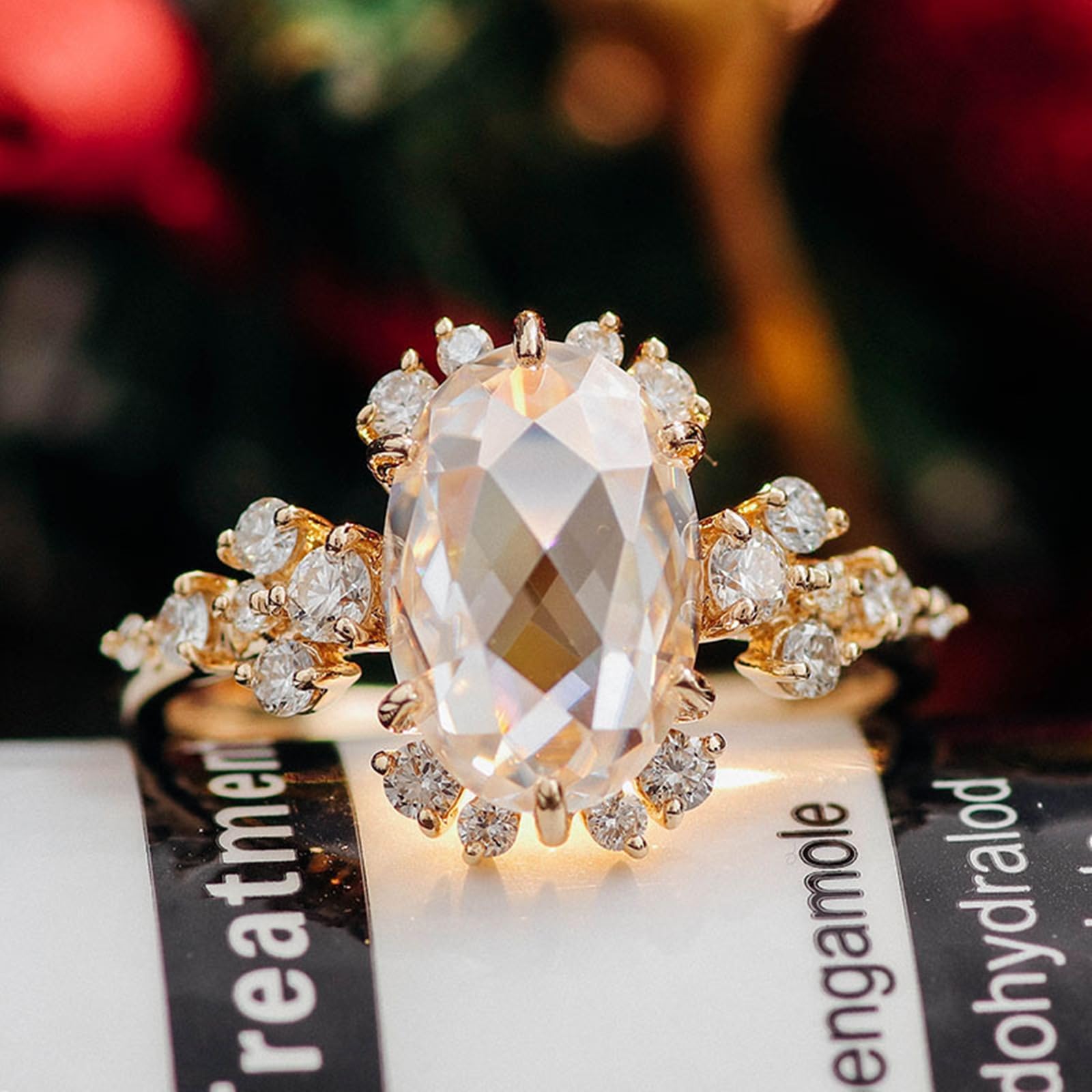 Obrączki ślubne damskie, luksusowe pierścionki boho z owalnym moissanitem w oprawie 6-rapowej, żółte złoto 18K