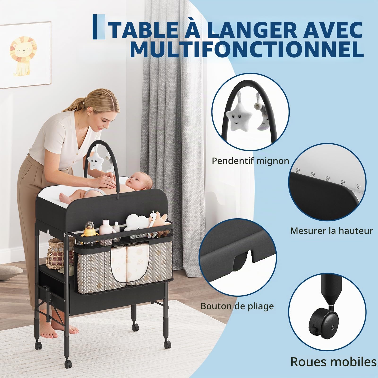 Table à Langer Pliable Bébé Avec 2 Tiroirs, Hauteur Réglable, Matelas Imperméable, Rangement Nurserie, Tringle à Vêtements Et 4 Roulettes Verrouillables, Noir