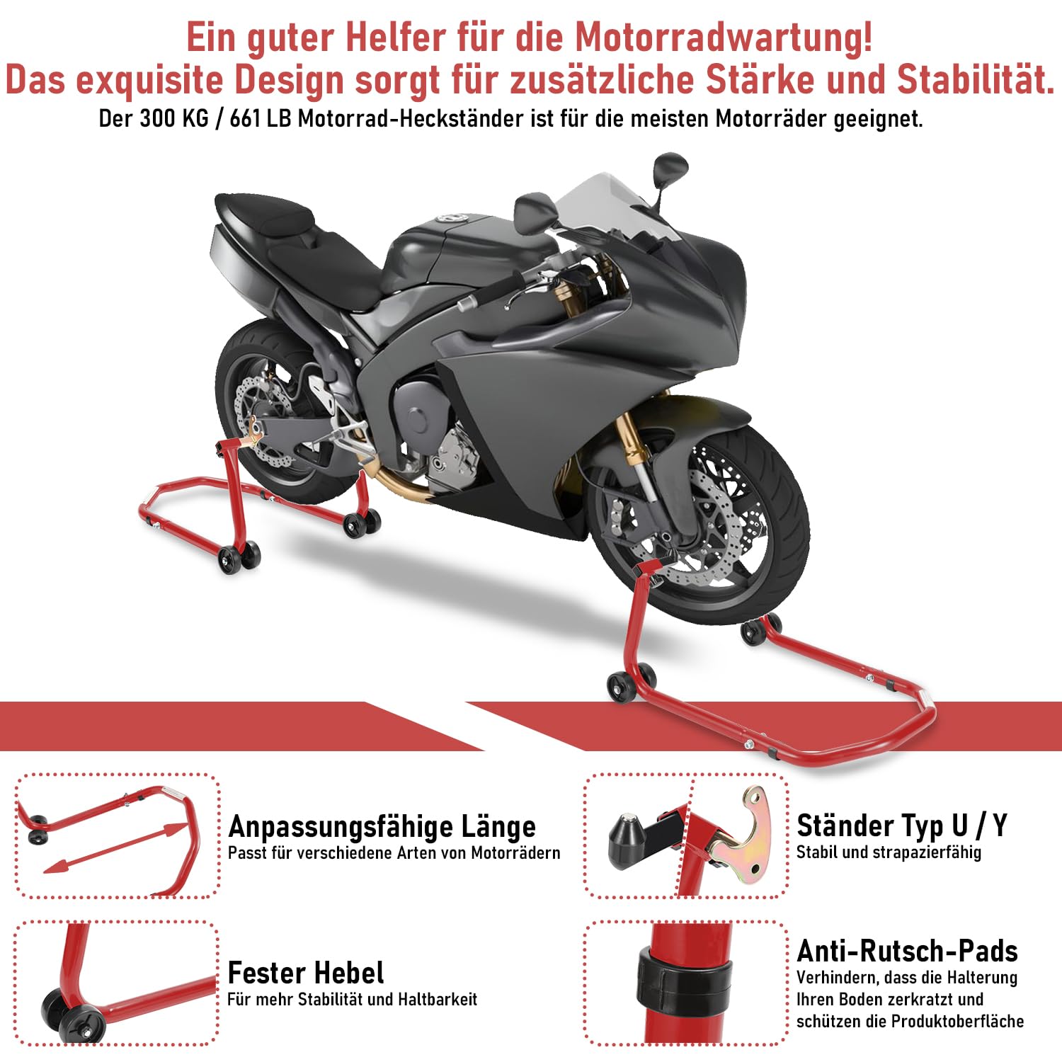 Béquille de montage arrière de moto, béquille de moto, levage de moto arrière, élévateur de montage en acier, largeur réglable, travaux de maintenance/montage pour motos jusqu'à 300 kg, rouge