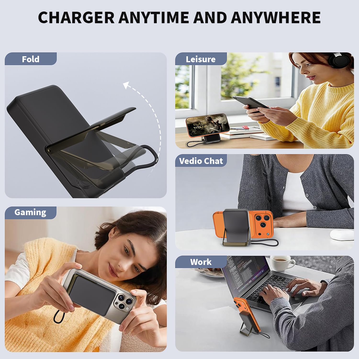 10000mAh Magnetic Wireless Power Bank Fast Charging , Mag-Safe Protable Charger Bulit in USB C Cable and Stand 22.5W PD USB C Fast Charger,Magnetic Battery Pack for iPhone 17 Pro/17 Air/16/15/14/13/12 — view 7