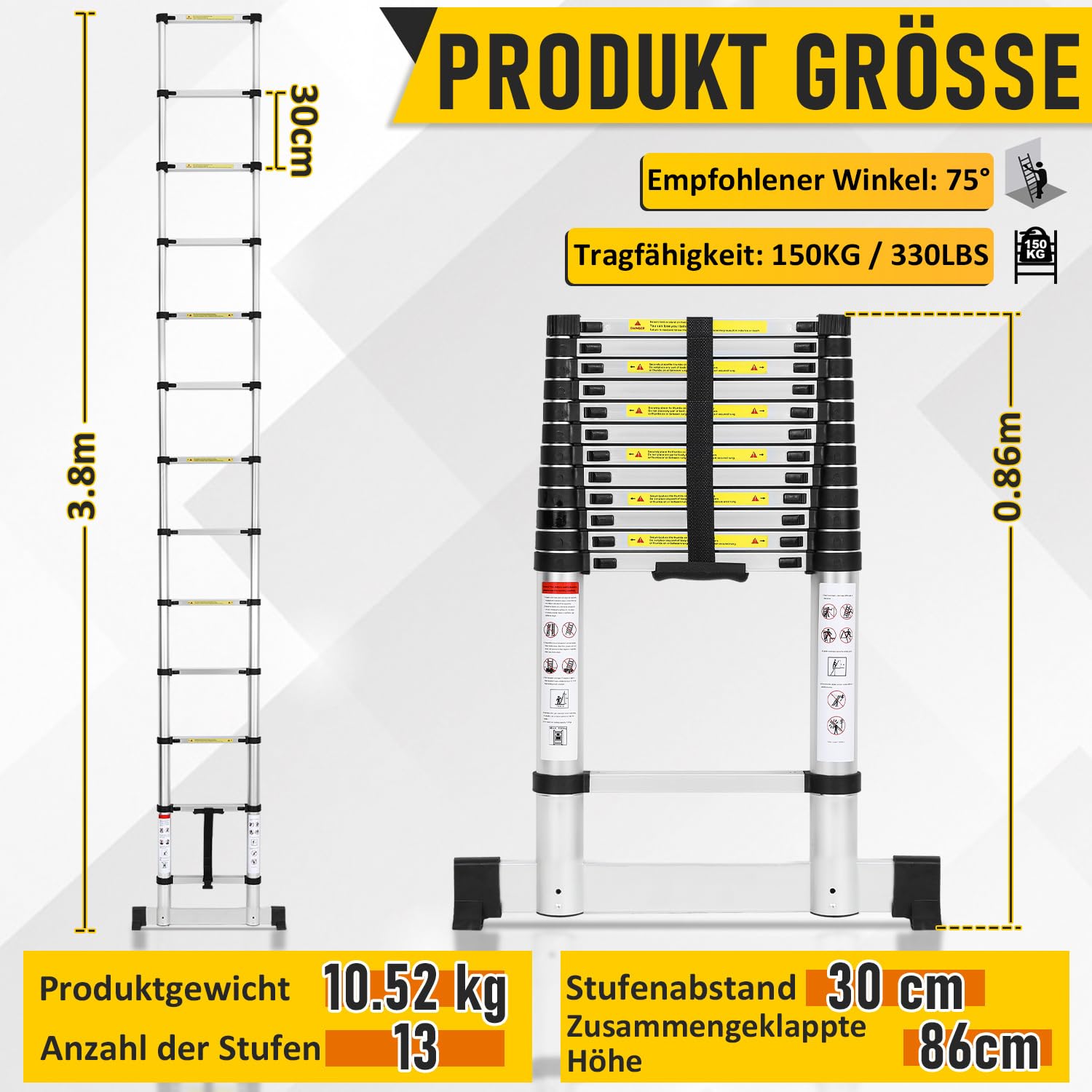 Échelle télescopique en aluminium 3,8 m, échelle extensible avec stabilisateur, échelle en aluminium antidérapante, échelle multifonction extensible, capacité de charge de 150 kg