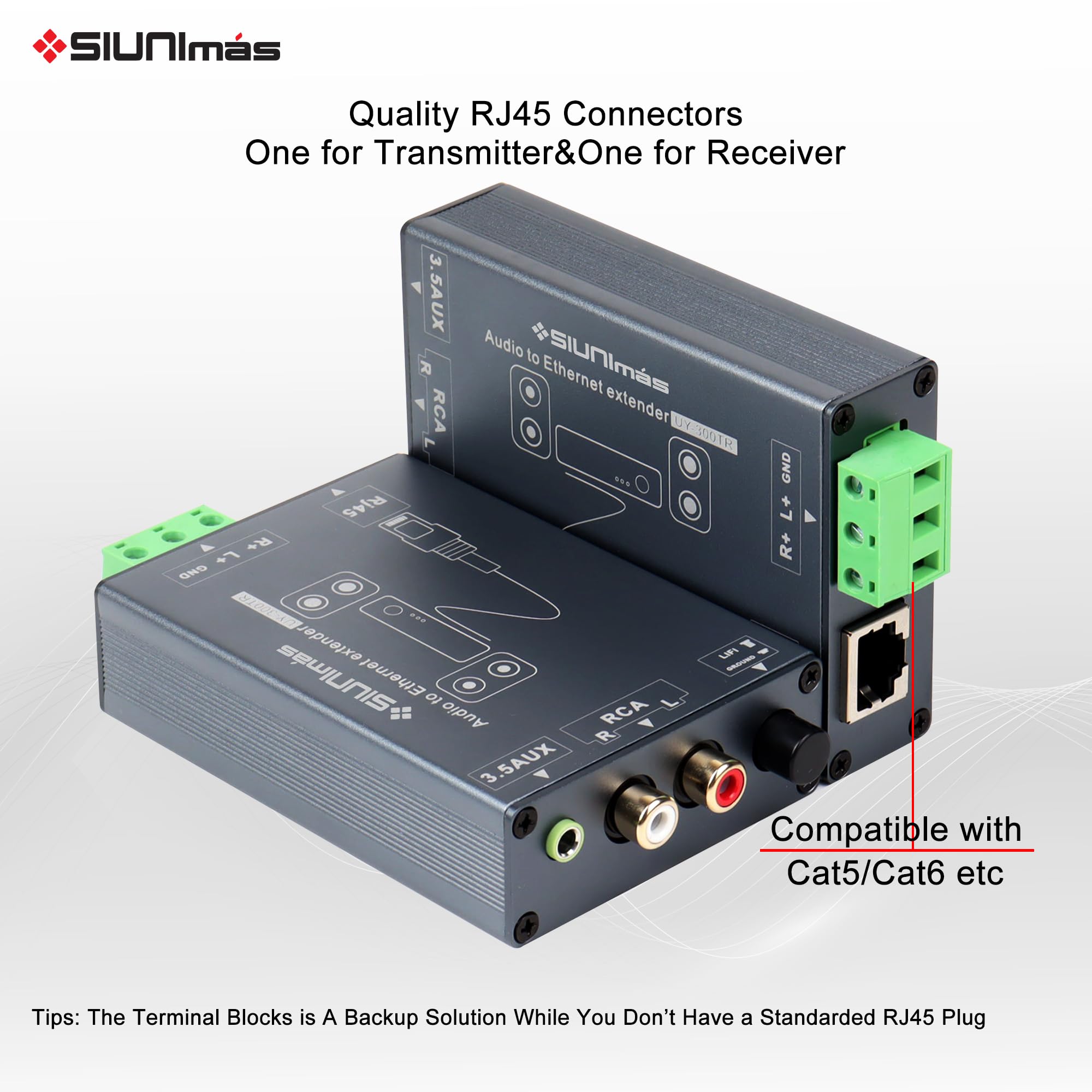 Un paio di connettori di rete RJ45 a RCA AUX stereo a lunga distanza in lega di alluminio resistente con isolatori audio integrati, supporto GND Lift collegamento su Cat5/Cat6, ecc