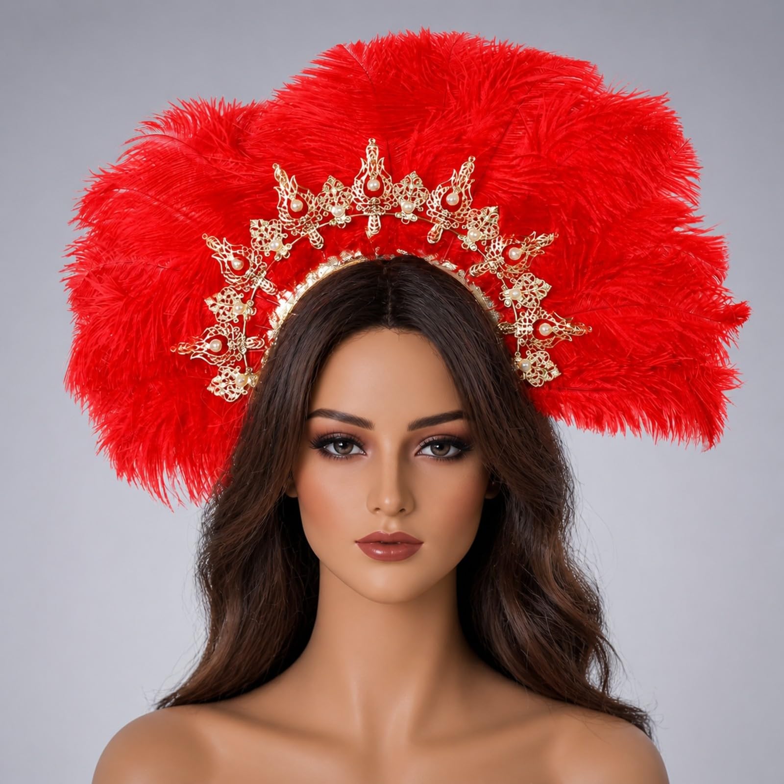 Adorno Plumas Ligero | Dorado corativo, Corona, Gran, Accesorio, para Carnaval, escenario, Actores, Rojo