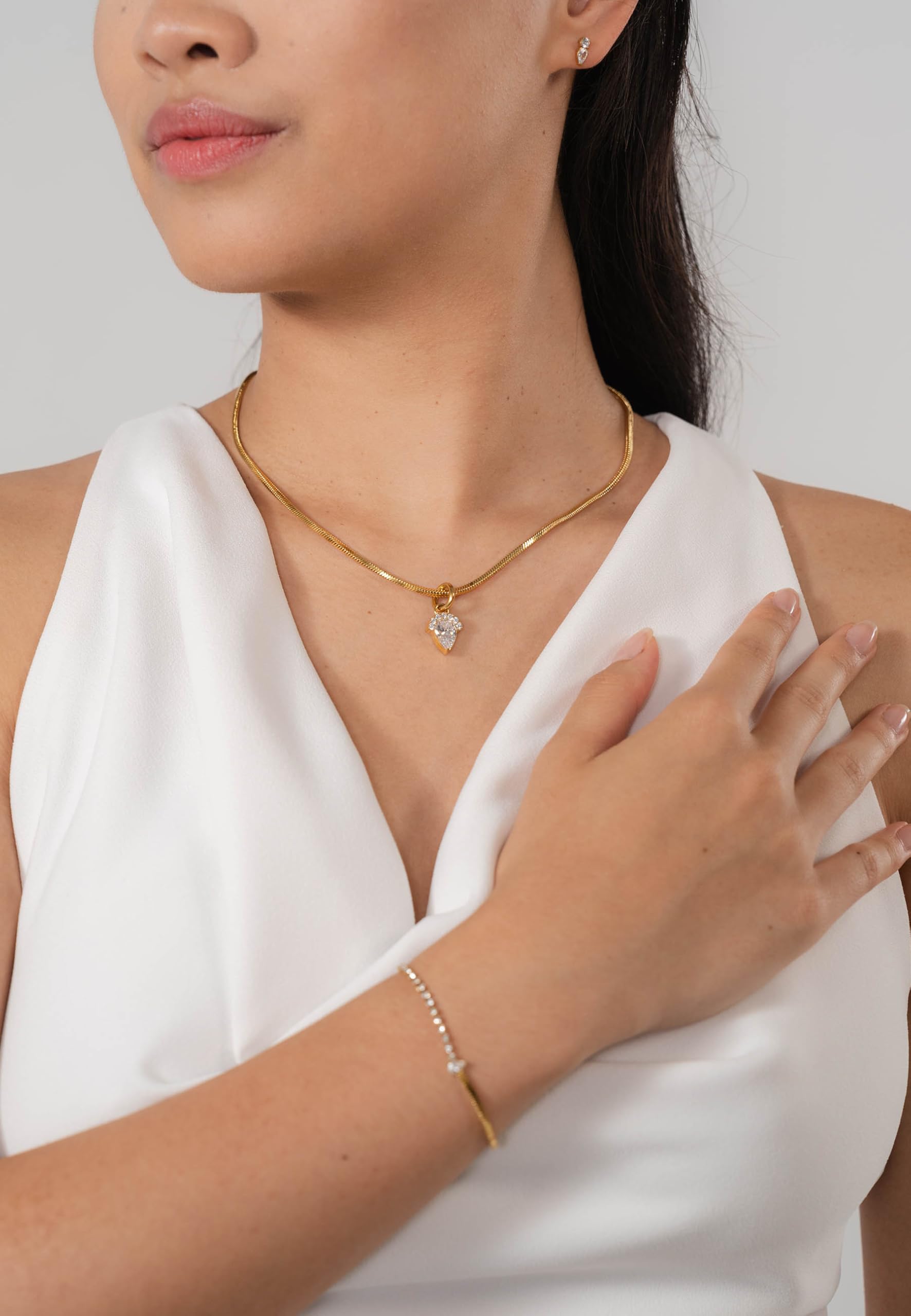 Purelei® Fusion – Pulsera de dos piezas con cadena de tenis de circonita y cadena de serpiente – Acero inoxidable chapado en oro – Piedra de gota blanca – Ajustable 16 – 20 cm – Oro/Plata/Oro Rosa
