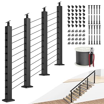 BLIKA Complete Set 36" Stair Railing Post KitPost 35"x2"x2", Black 25-35 Angle Drilled Line Post, Invisible Cable Railing System Kit Include 4Pack Stair Posts, 1/8" Stainless CableNo Handrail