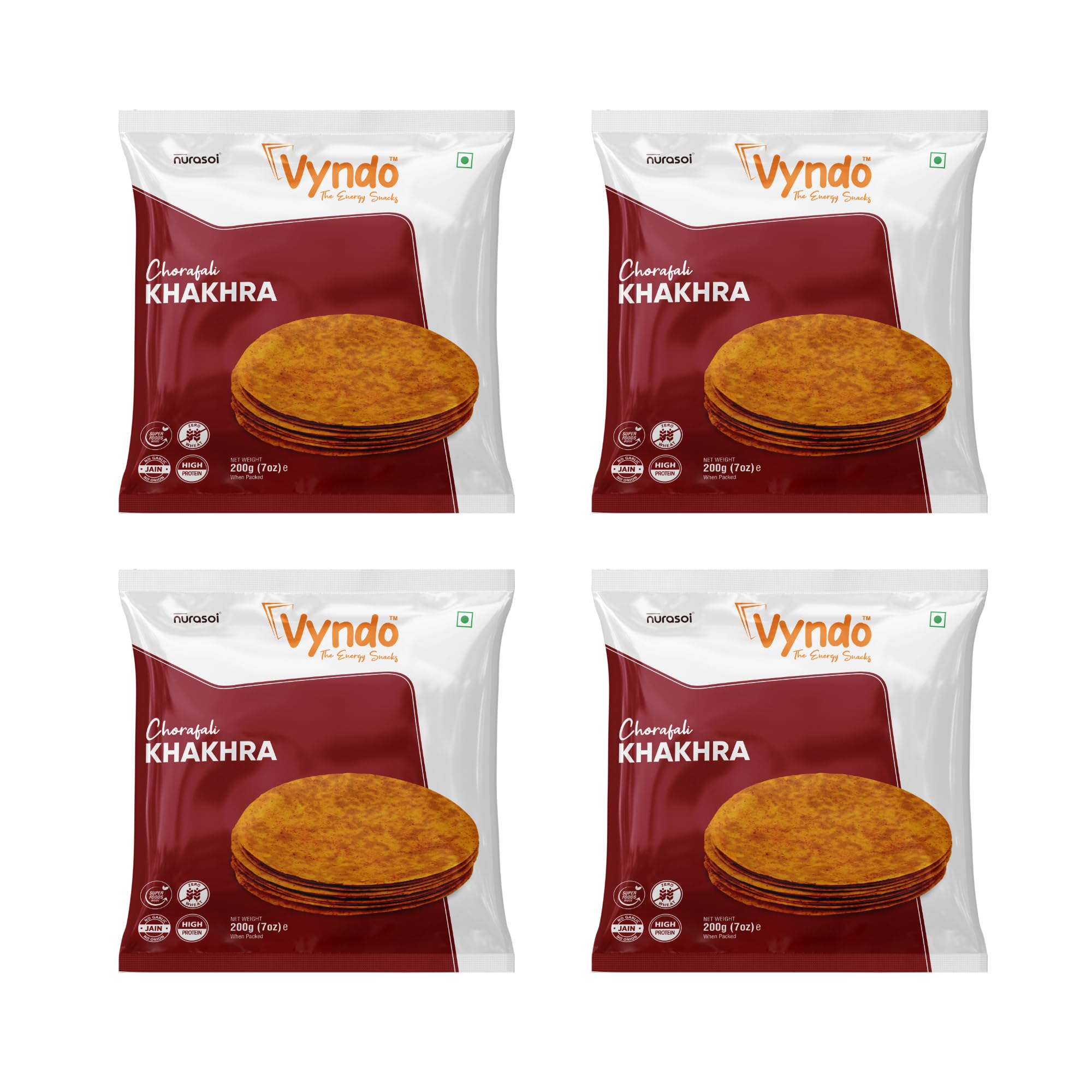 VYNDO Masala Flavor Chorafali Khakhra Combo Of 4 Pack (200 Gm), High Protein And Fiber, Gluten Free, Healthy Snacks For Kids And Adults