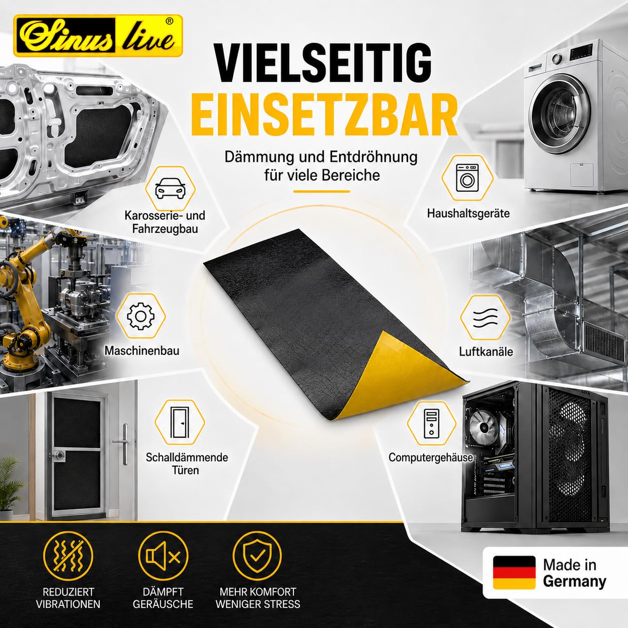 Sinuslive ADM Anti-Dröhn-Matte 50 x 20 cm selbstklebend, 2,7 mm Dämmmatte zur Entdröhnung von Blechteilen, mineralisch gefüllte Spezialmatte, schwarz geruchslos, Made in Germany, Bitumen