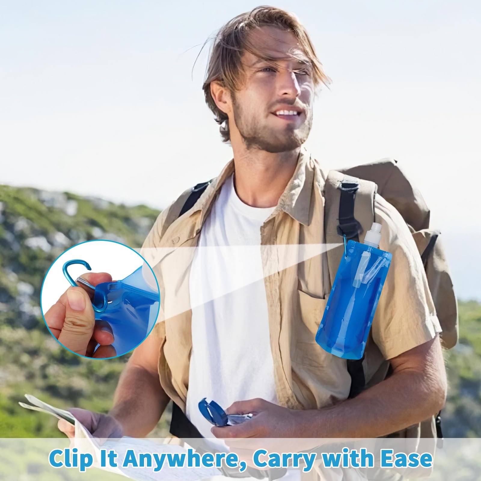 Gourde Pliable Sans Bpa Avec Mousqueton, Bouteille De Sport, Gobelet De