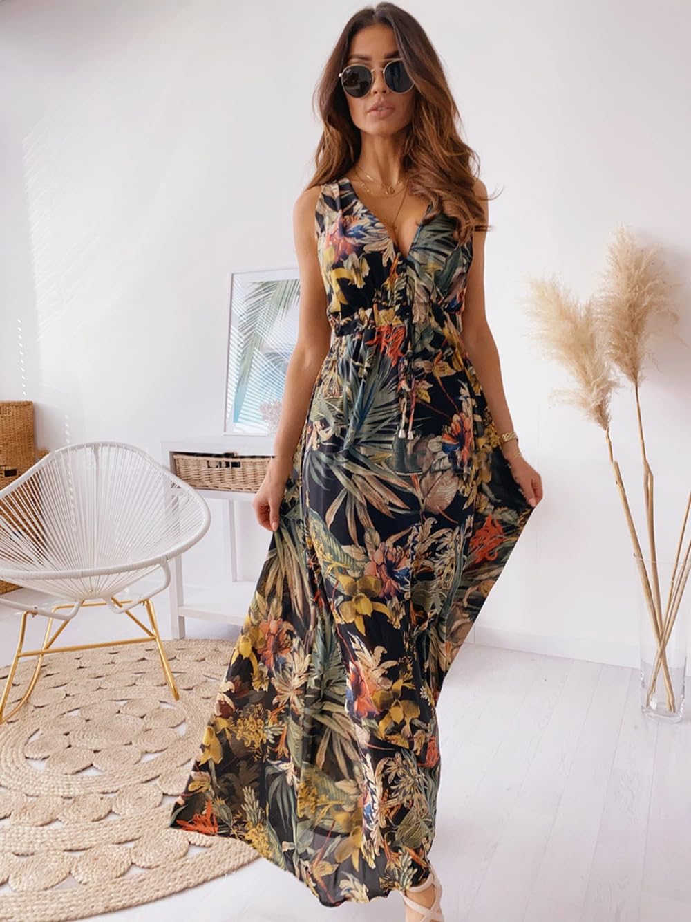 Photo 1 of Women’s Summer Boho Floral Maxi Dress, V-Neck, Sleeveless, Casual Beach Vacation Sundress (Black,Medium)