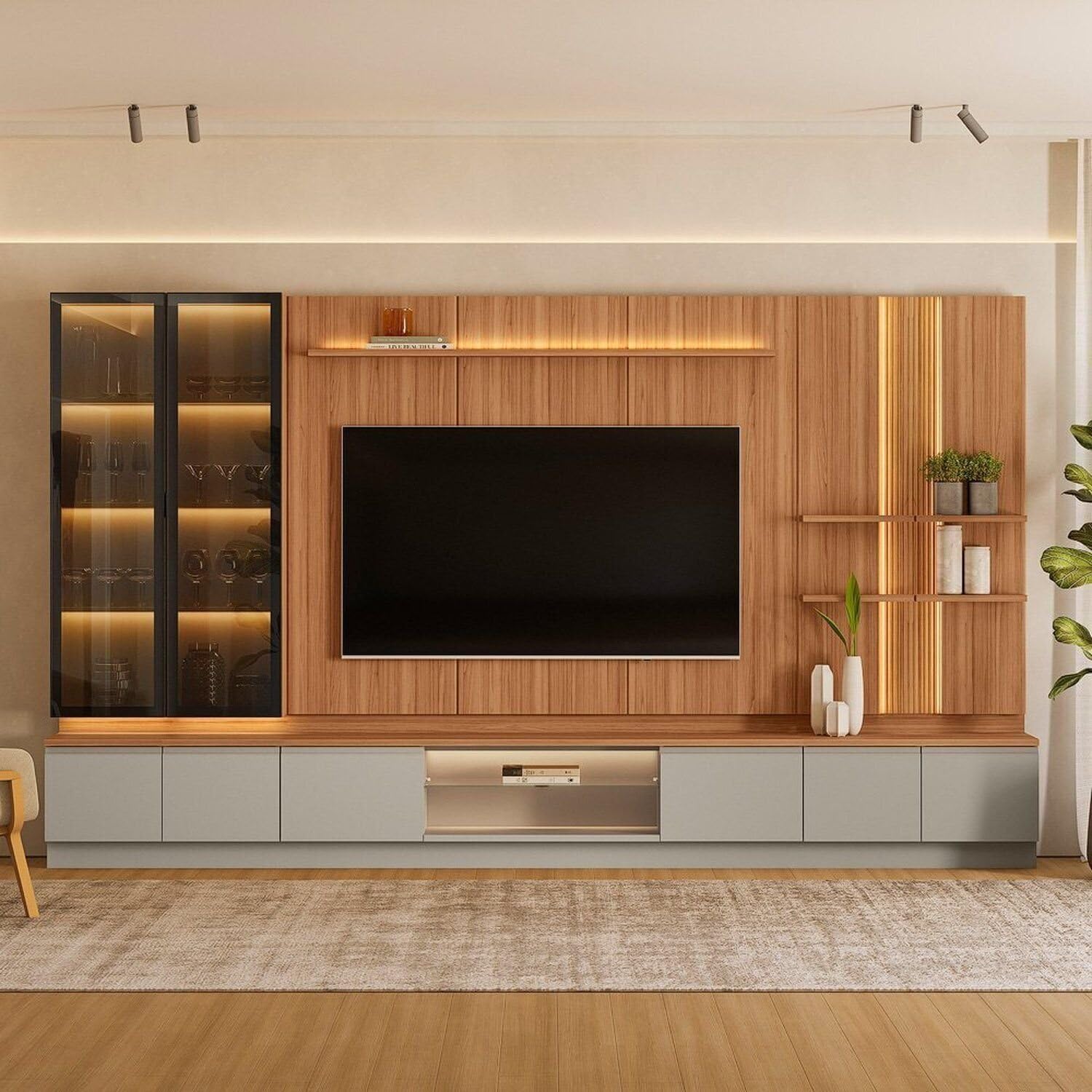 Conjunto Modular Magnum para TV até 75 Polegadas Módulos Laterais e Cristaleira Marrom/Canela/Gris Fosco Canela/Gris Fosco