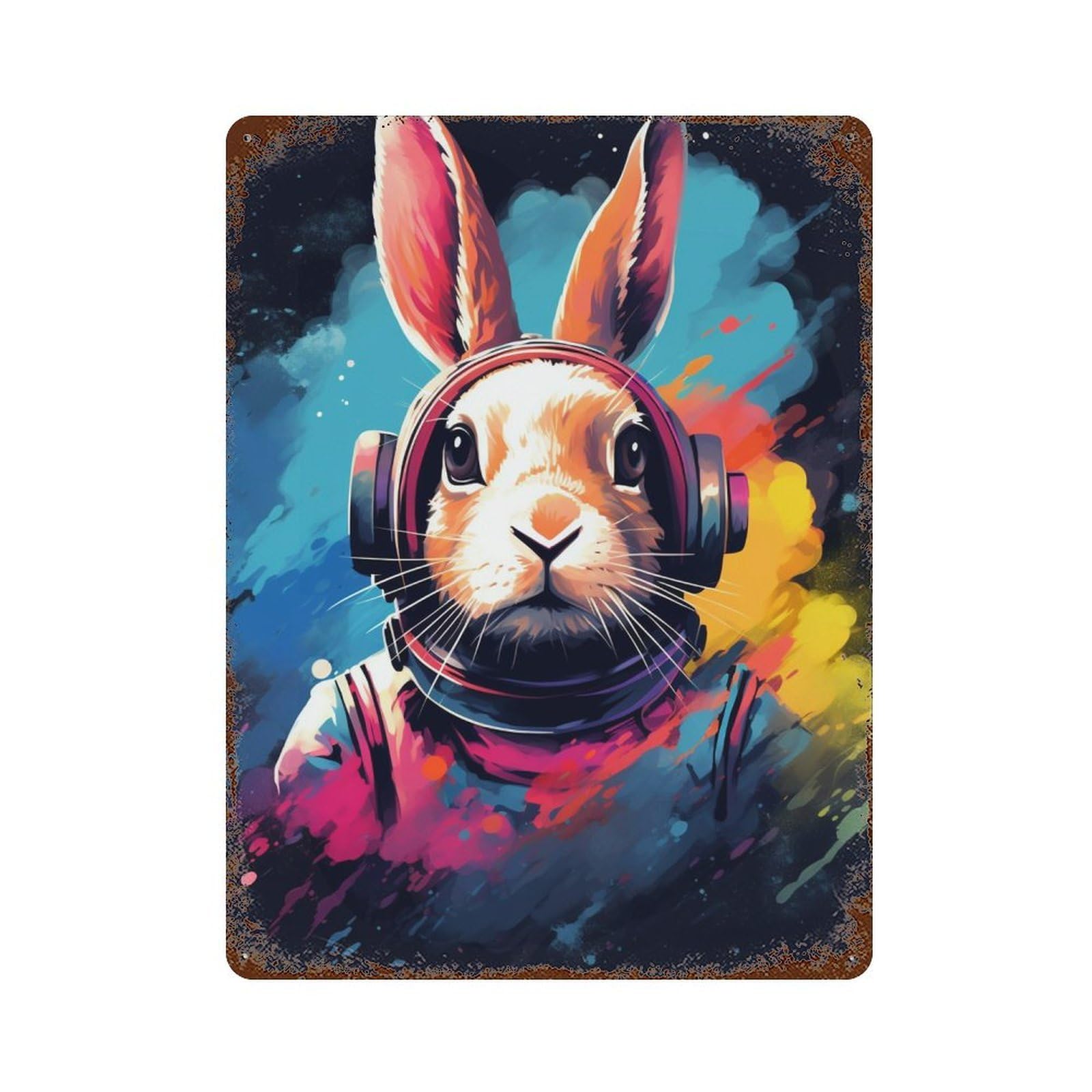 Rust Effect Space Bunny DJ Headphones Aged Metal Wall Plaque 15.7"x11.8", Classic Wall Plaque for Basement, Hobby Room And Garage Decor