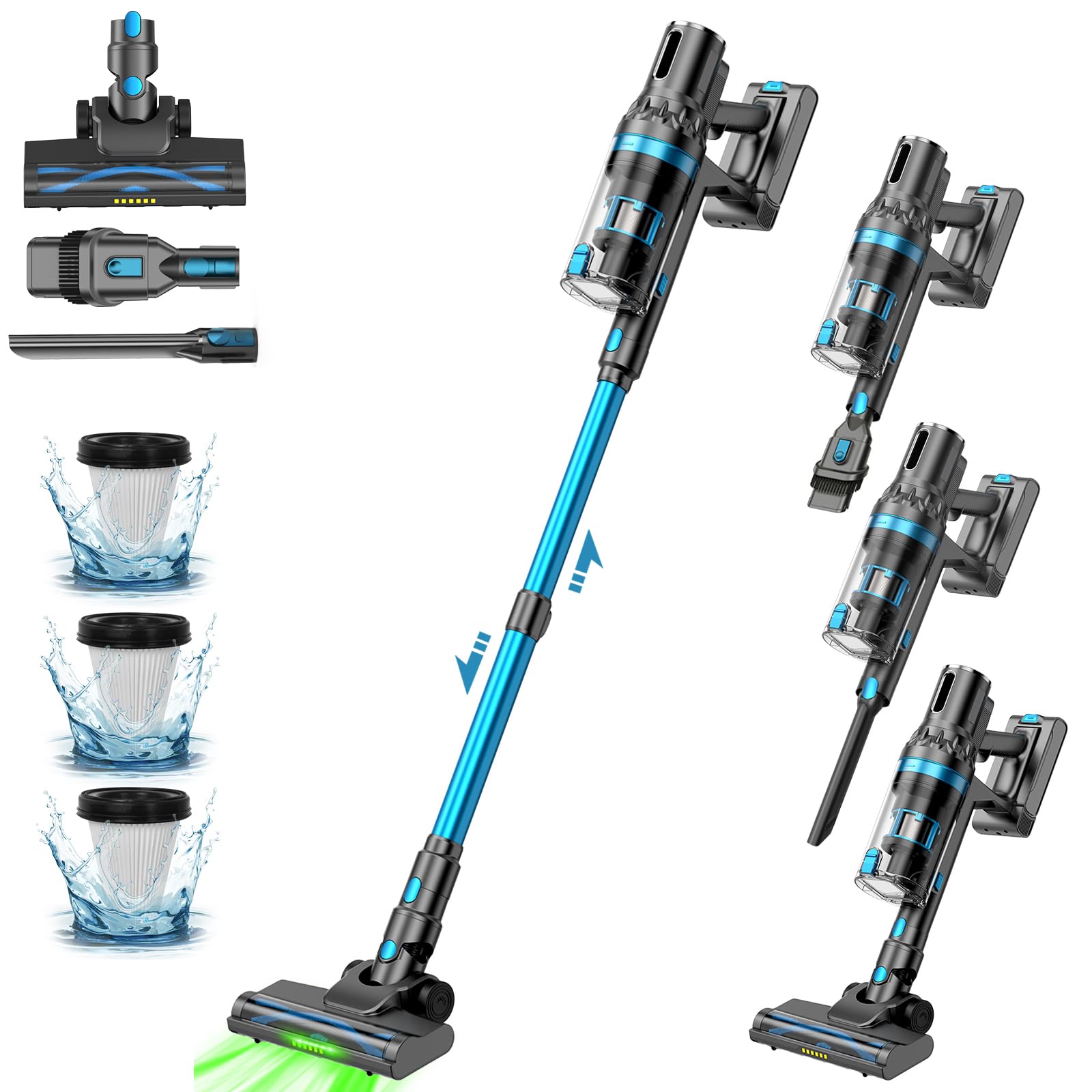 Aspirapolvere Senza Fili, Verticale Ultra-Potente 70 Minuti/45KPA/550W, Aspirapolvere con Display LED, Luce Verde, Anti-Groviglio, Rilevamento dello Sporco, per Tappeti, Peli Animali, Pavimenti Duri