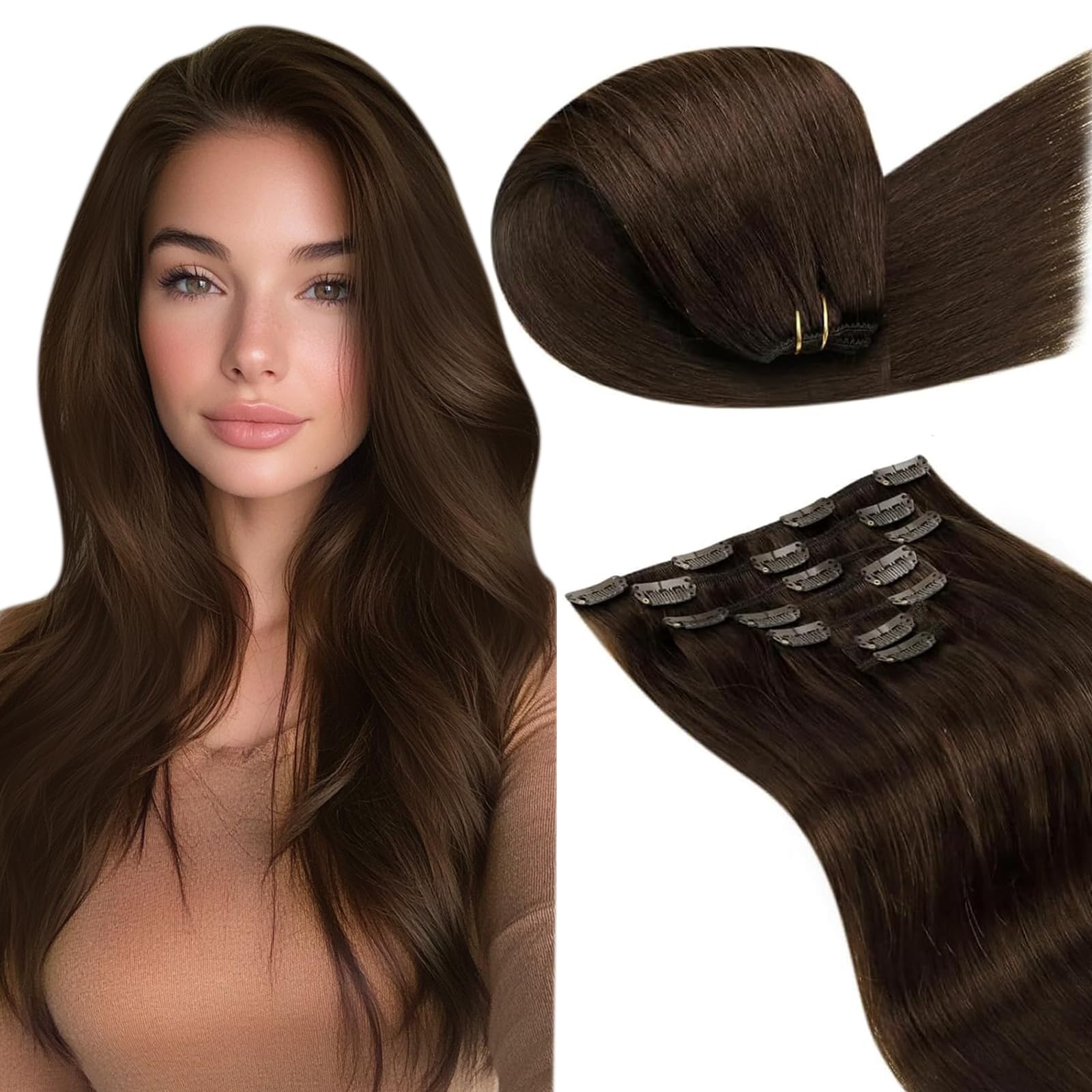 LaaVoo Clip in Extensions Echthaar Braun Hair Extensions Clip in Dunkelbraun Doppelt Tressen 35cm 105g 7Stück #4