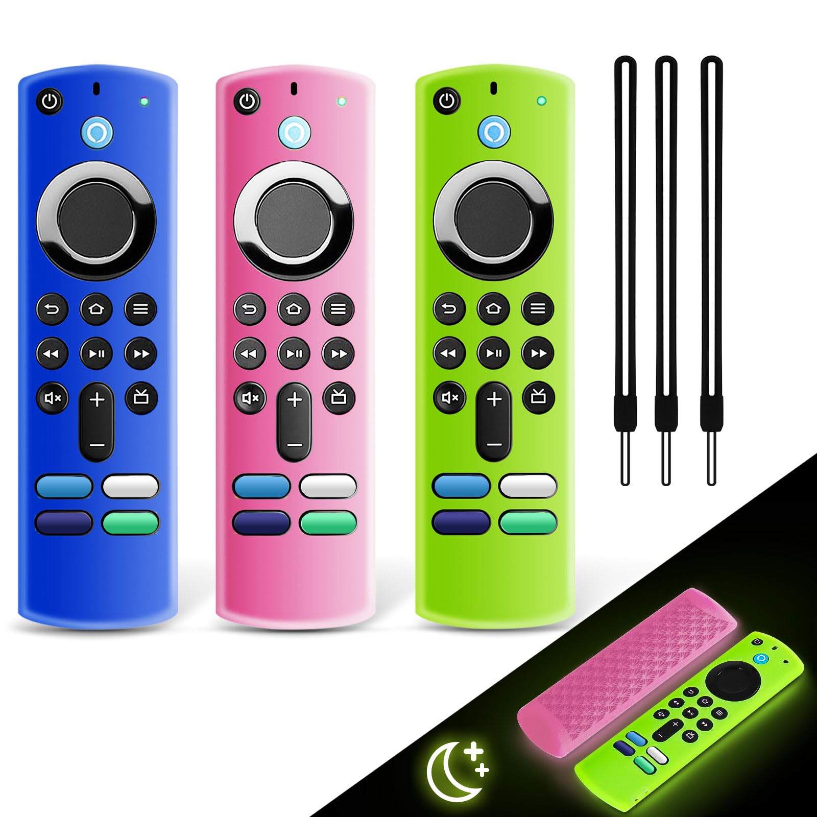 Paquete de 3 fundas de silicona para mando a distancia, funda protectora de silicona antideslizante que brilla en la oscuridad con cordón (verde brillante, rosa brillante y azul)