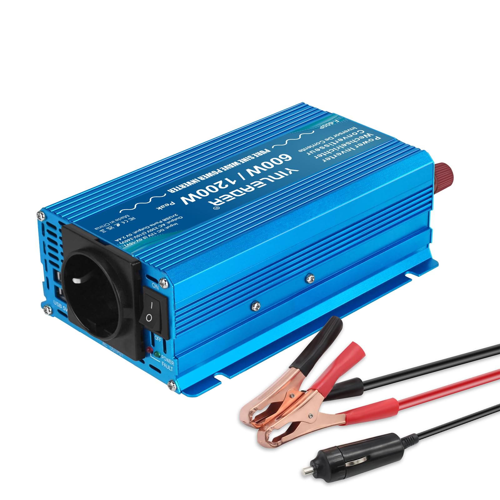 Yinleader 600W /1200W 12V auf 230V Reiner Sinus Wechselrichter KFZ Spannungswandler mit 1 EU-Steckdose & 2 USB, Inverter für Laptop, Kühlbox, Camping & PKW