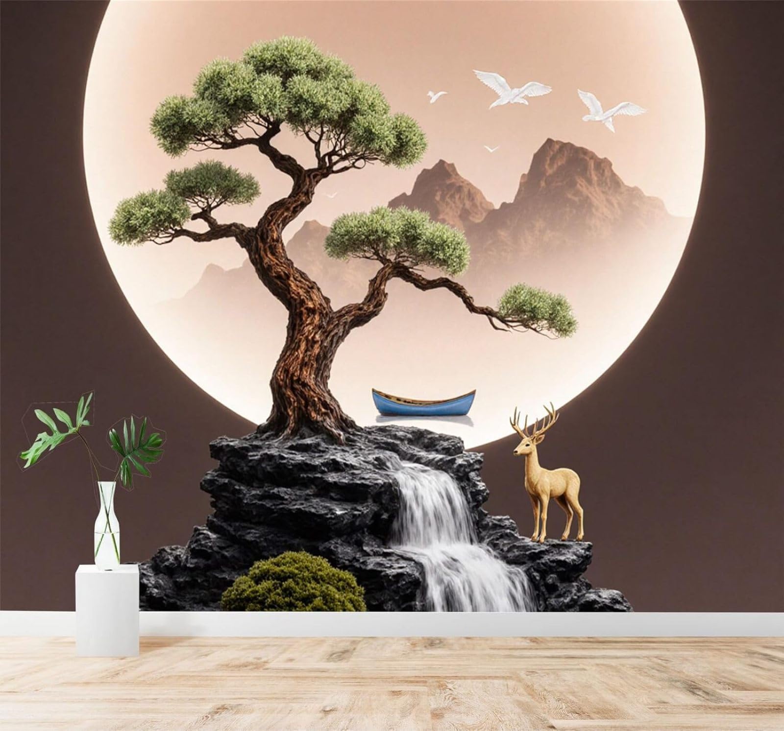 Xlming 350Cm×256Cm(B×H) Pine Trees Golden Deer Waterfalls Mountains Landscape 3D Wallpaper Silky Texture Home Study Office Grey Dining Room Sofa Bedroom Living Room Tv Backdrop-350Cm×256Cm