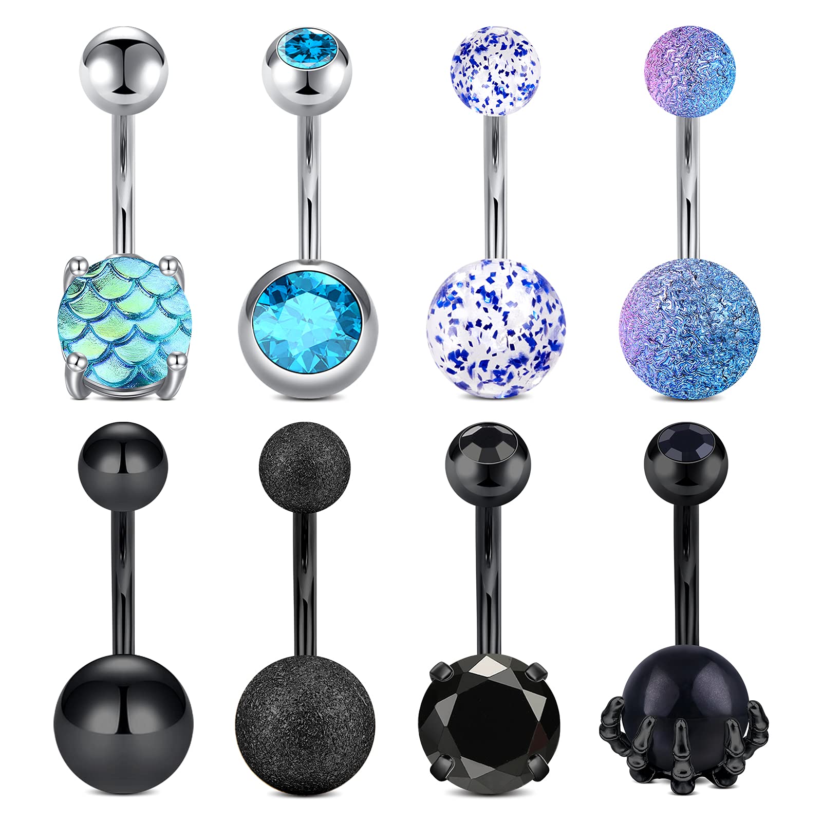 D.Bella 14G Piercing Ombligo 8 Uds Anillos de Vientre Calavera Mano Ombligo Barra de Acero Inoxidable Piercing de Ombligo Joyería para Mujeres