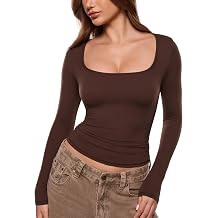 INLYRIC Women's Airsoft Single Layer Long Sleeve T-Shirts Square Neck Basic Tees Slim Fitted Going Out Tops Trendy