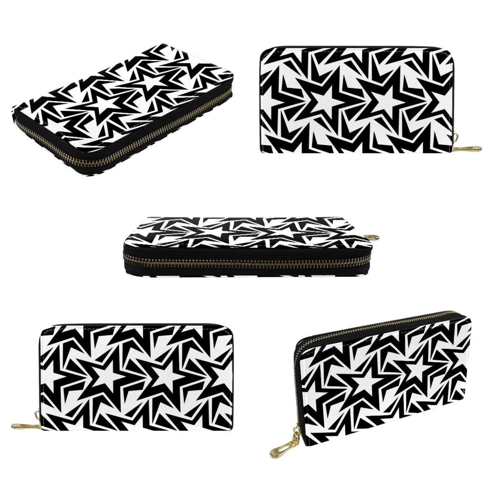 Cartera de cuero con cremallera larga abstracta negra y blanca con patrón de estrellas, Varios colores, 20.5x2.5x11.5cm/8.07x1x4.53 in, Classic