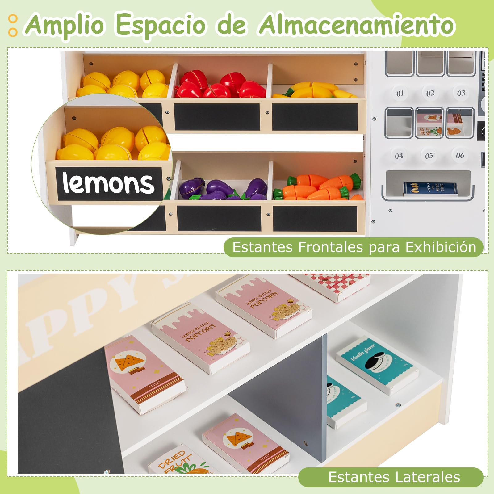 COSTWAY Supermercado Infantil de Madera, Set de Juego de Tienda para Niños con Carrito de Compras, Máquina Expendedora, Mostrador de Caja Registradora, Pizarras, Estantes de Exhibición