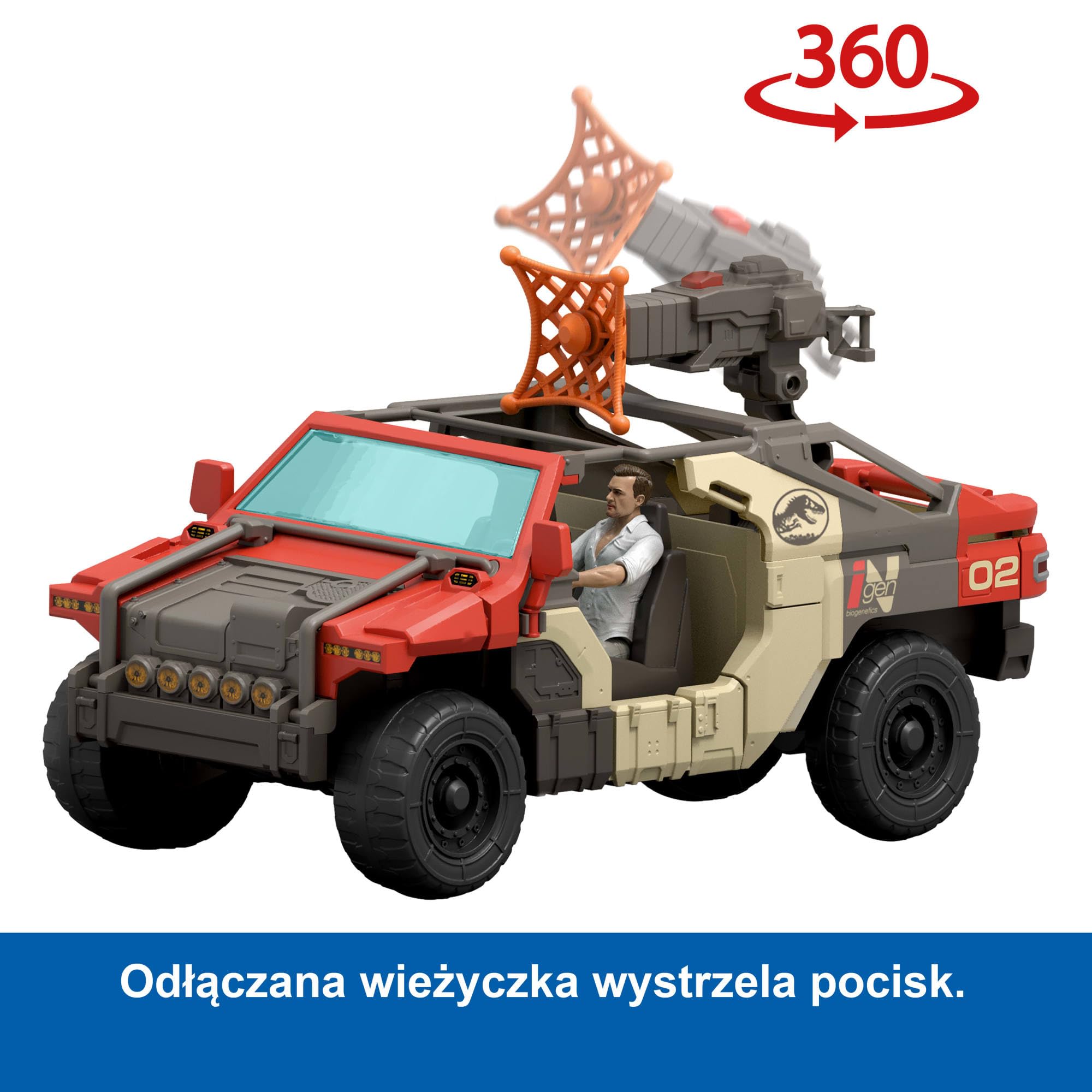 Mattel Jurassic World: Odrodzenie Pojazd i figurki „Wystrzel i walcz” Zestaw: samochód do zabawy, 1 figurka Martin Krebs i 1 figurka welociraptor, wieżyczka i 2 pociski, zabawka 4+, JGB59