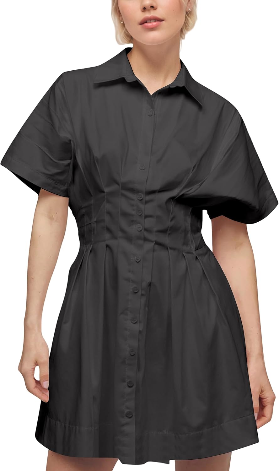 Women Summer Short Sleeve Button Front Pleated Shirt Dress Striped Collar V Neck Casual Y2k Swing Short Mini Dresses