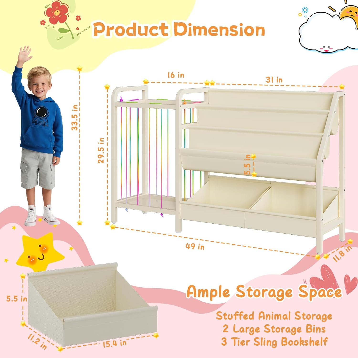 B5 Kids Bookshelf and Toy Storage, Book Shelf for Kids Rooms, Sling Toddler Book Shelves with Stuffed Animal Storage, Montessori Baby Bookcase for Nursery, Bedroom, Playroom, White