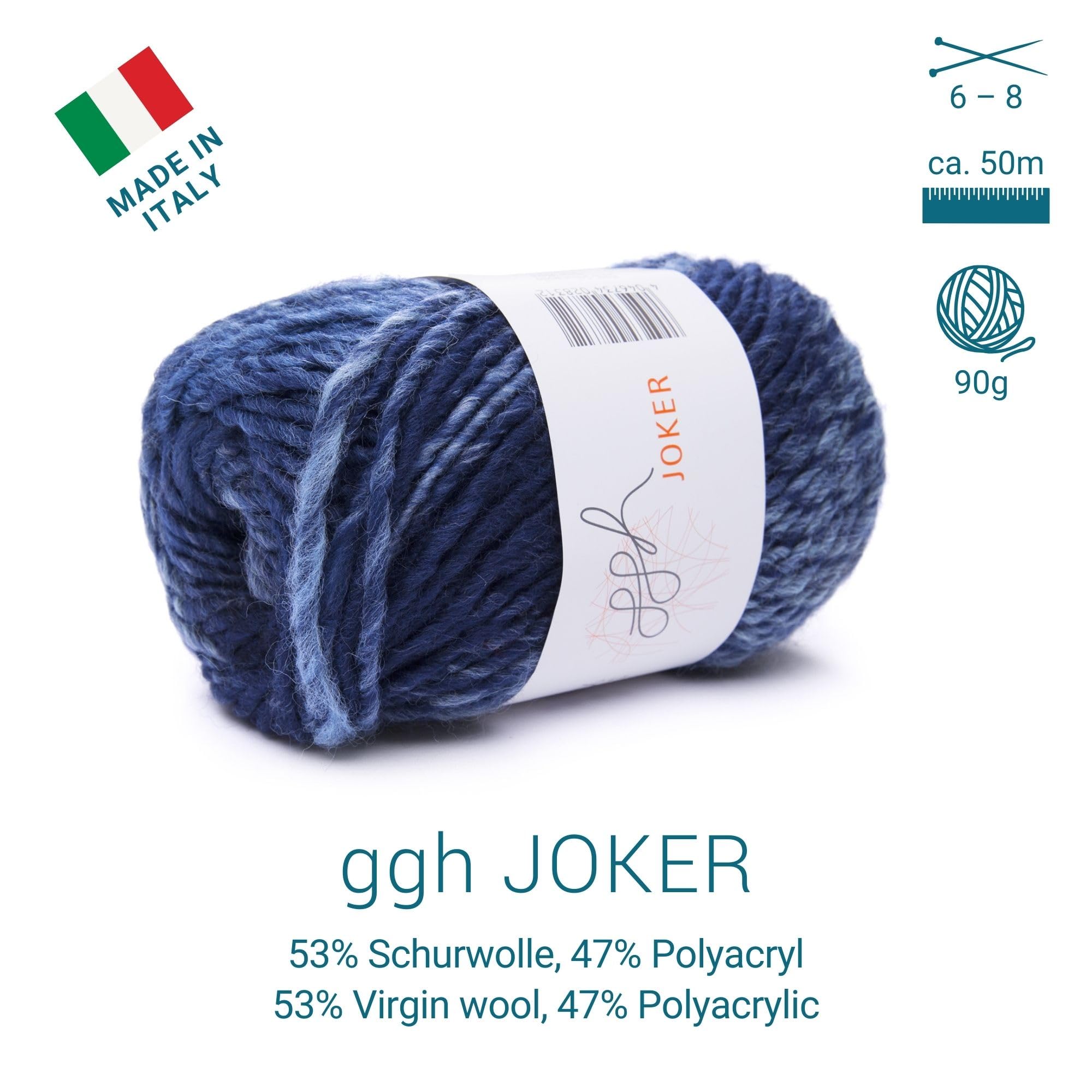 ggh Joker – Farbverlauf Wolle zum Stricken – 6×50 g Set (300 g) – Strickgarn für Stricken und Häkeln – Marine-Jeans-Blau meliert