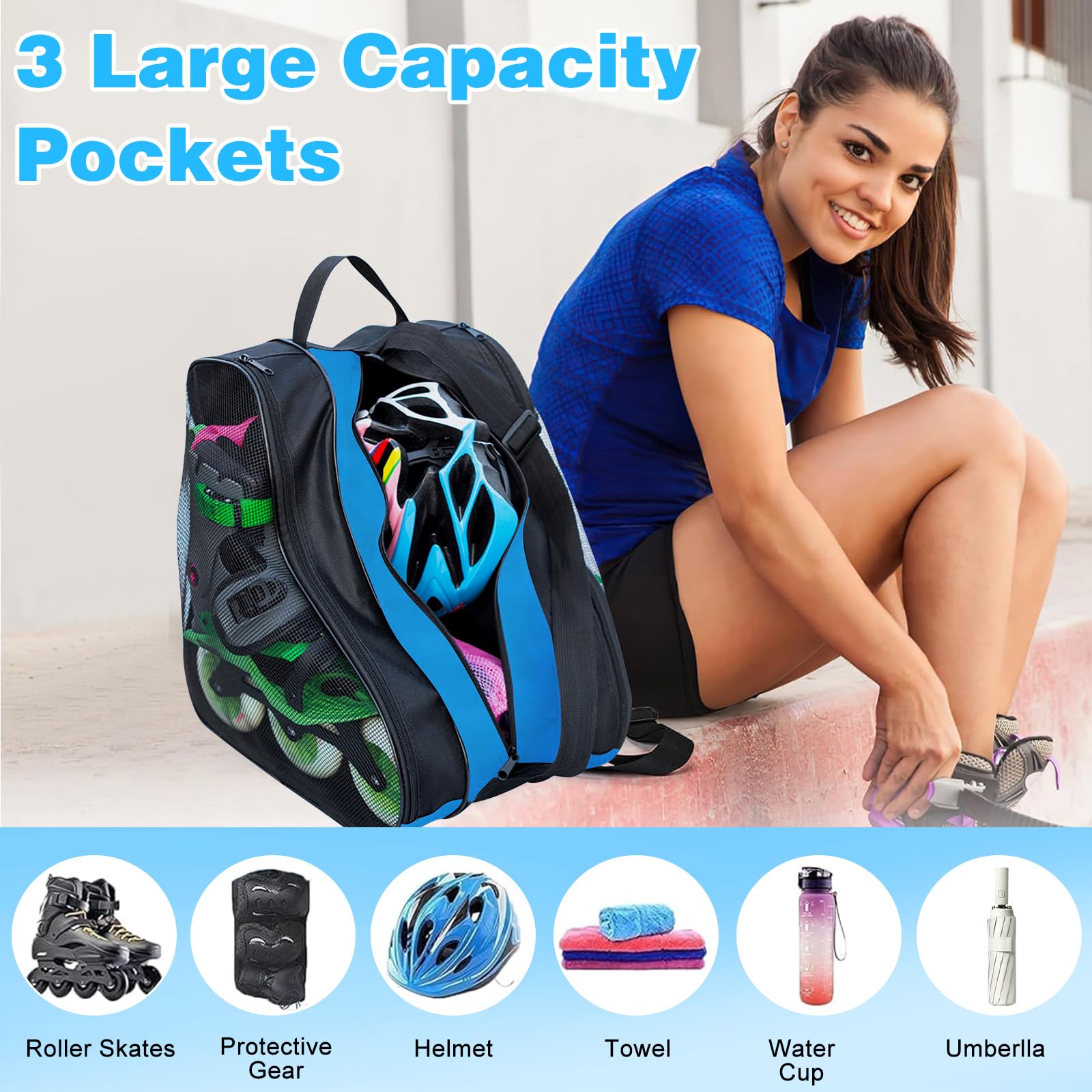 Borsa Pattini Borsa per Pattini a Rotelle Traspirante a Triangolo Borsa per Pattini in Linea in Tessuto Oxford Borsa Porta Pattini Ghiaccio Borsa Portapattini con Tracolla Regolabile, Blu