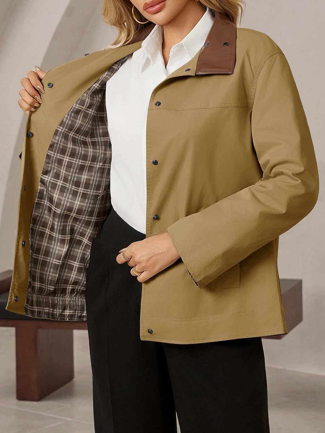 Tankaneo Womens Trench Coat Oversized Fall Barn Jacket Leather Collar Plaid Color Block Windproof Overcoat - Image 5