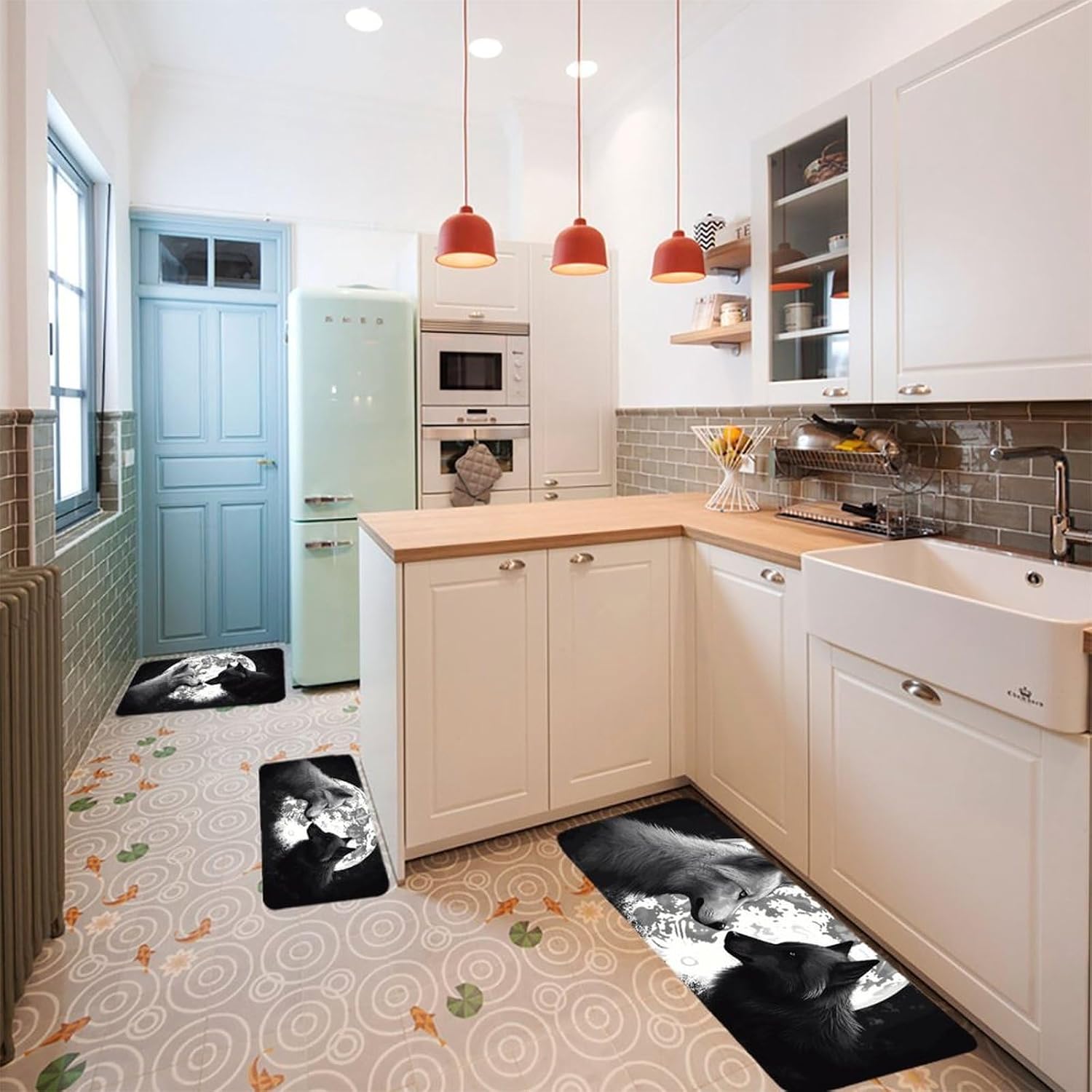 Wolves Love Under The Moon Wild Animal Kitchen Mats for Floor 3 Pcs Kitchen Rugs
