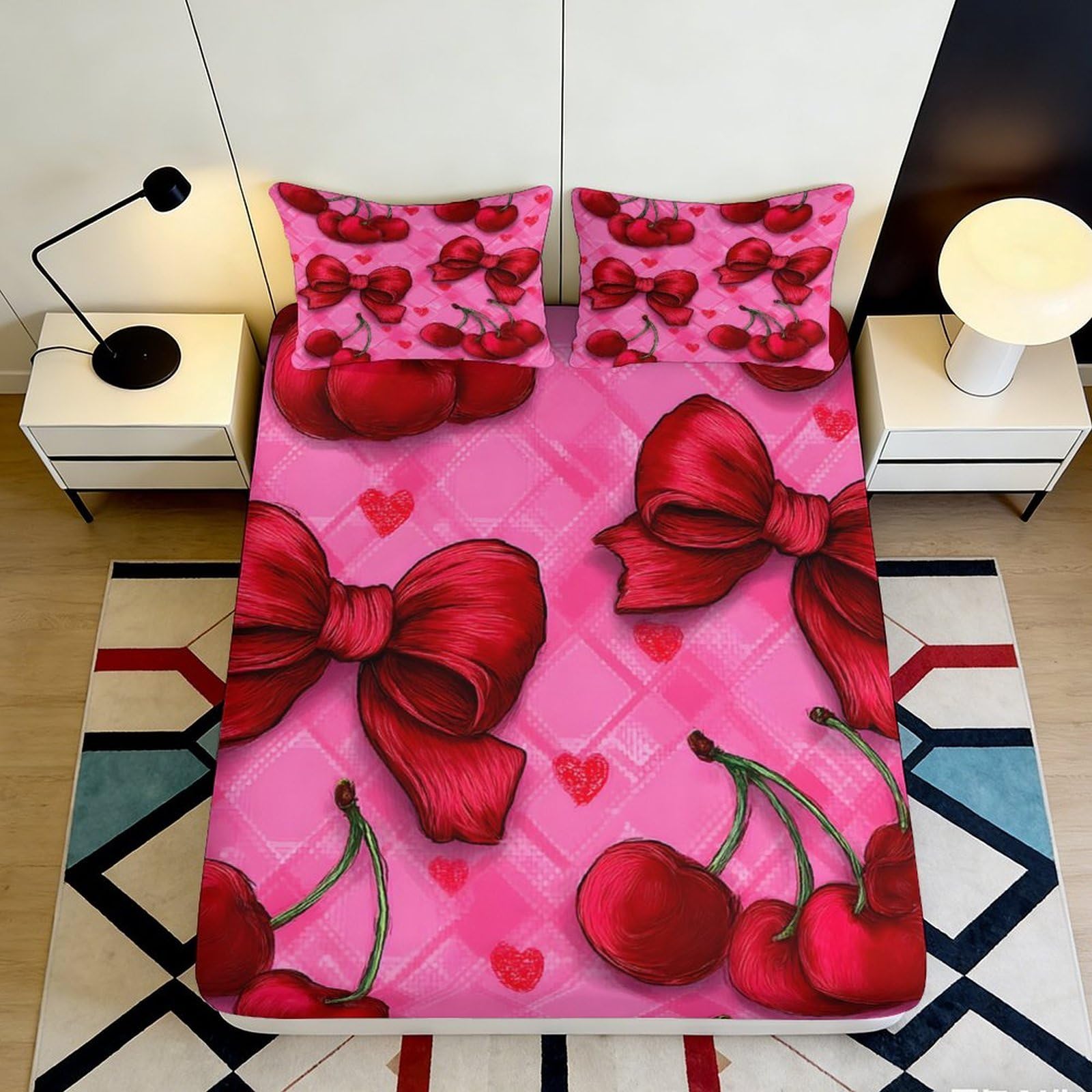 3D Printed Cherry Bow Fitted Sheet Microfiber Soft Breathable Pink Bed Cover with 3D Bow and Cherry Design for Bedroom Dormitory Guest Room 200x200x25cm