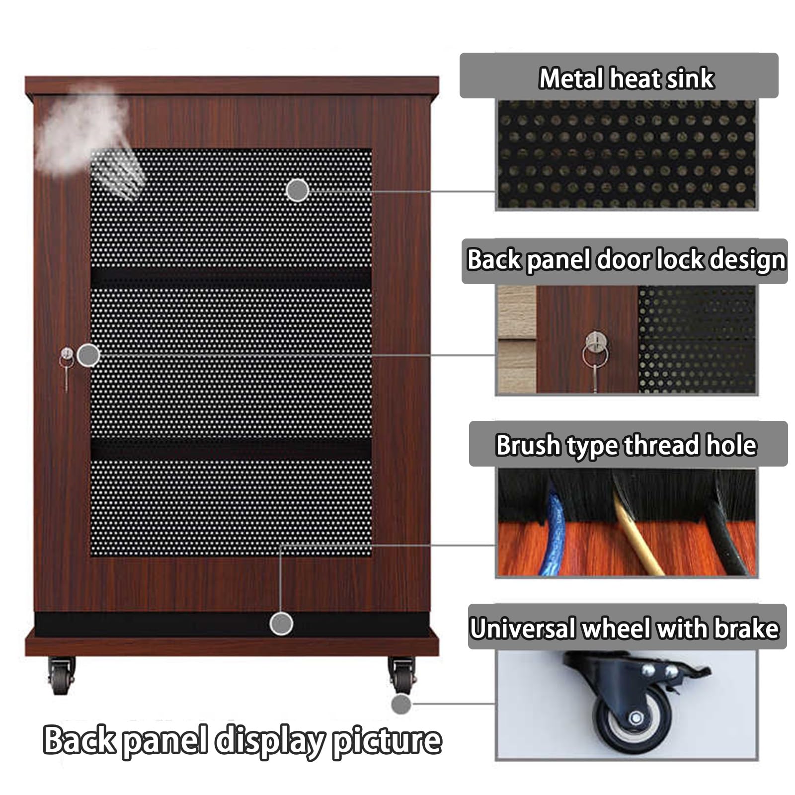 Support multimédia AV moderne avec roulettes, tour de rack audio, gestion des câbles, assemblage facile, armoire de rangement polyvalente pour la maison, le bureau et le théâtre, solution de rangement