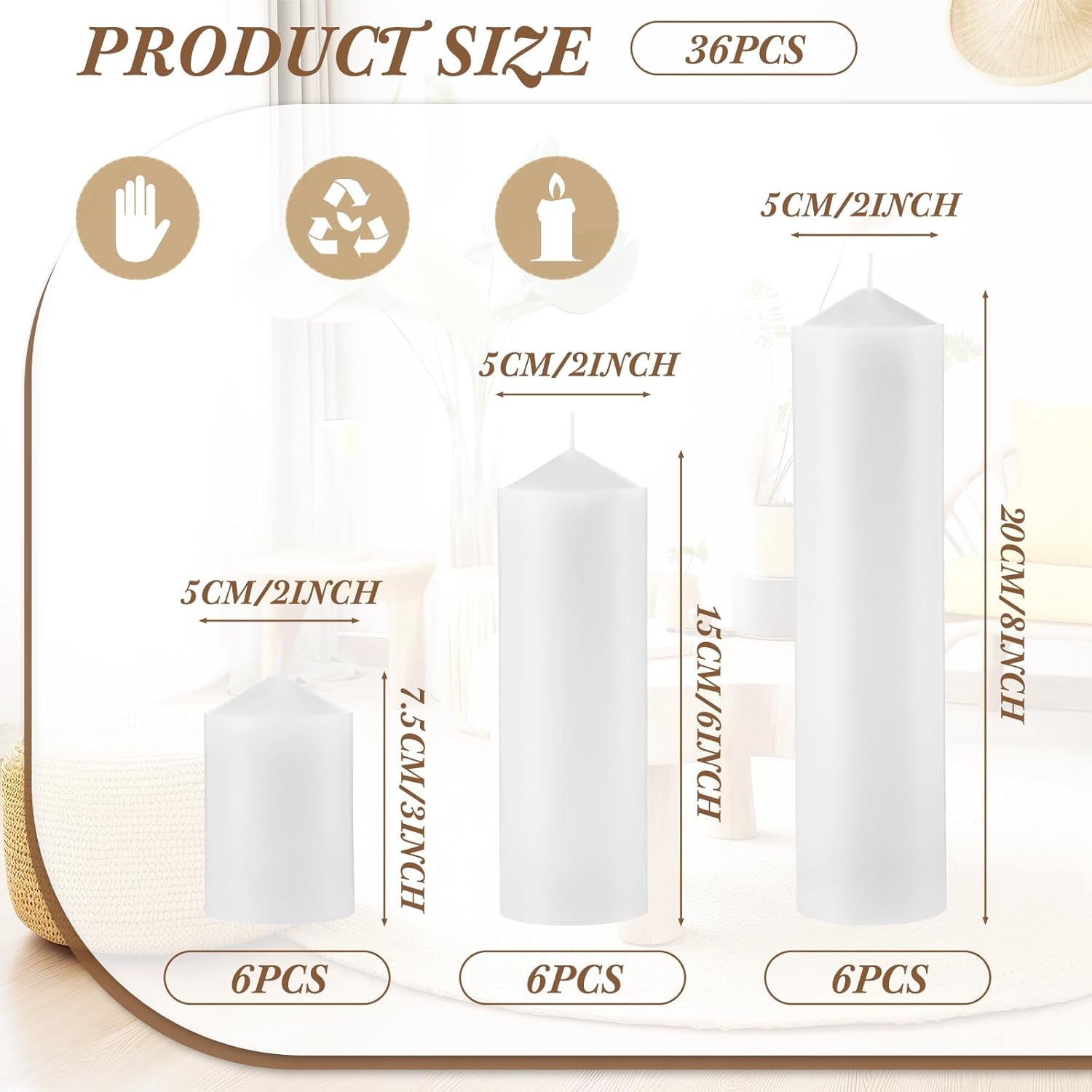 MTLEE 18 Pcs Set of 3 Pillar Candles Bulk 2 in x 3, 6, 8 Long Burning Clean Unscented Smokeless Pillar Candles for Wedding Emergency Lanterns Ceremony Party(Plain White)