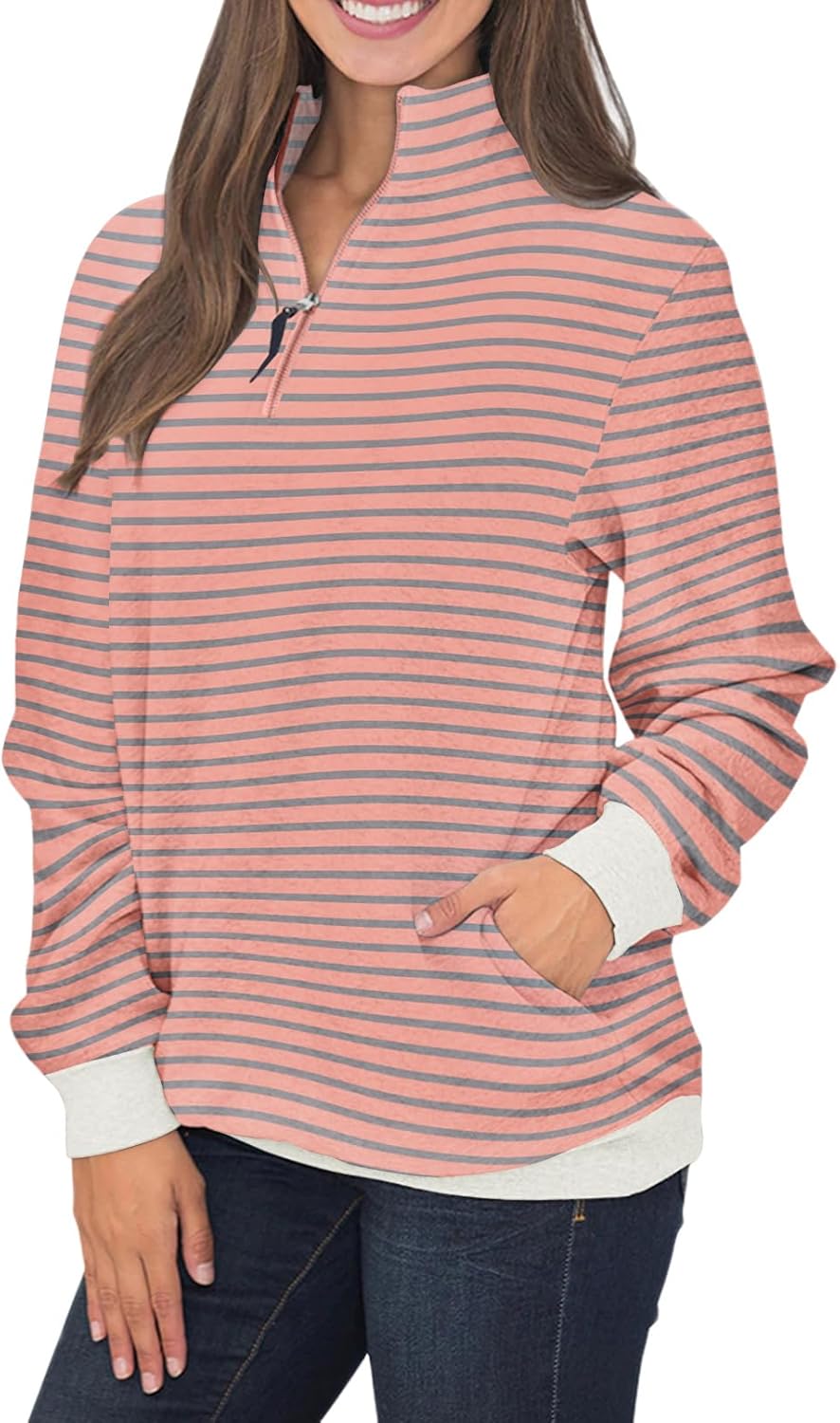 Samefar Womens Warm Cozy High Neck Long Sleeve Solid 1/4 Zip Pullover Sweatshirts with Pockets