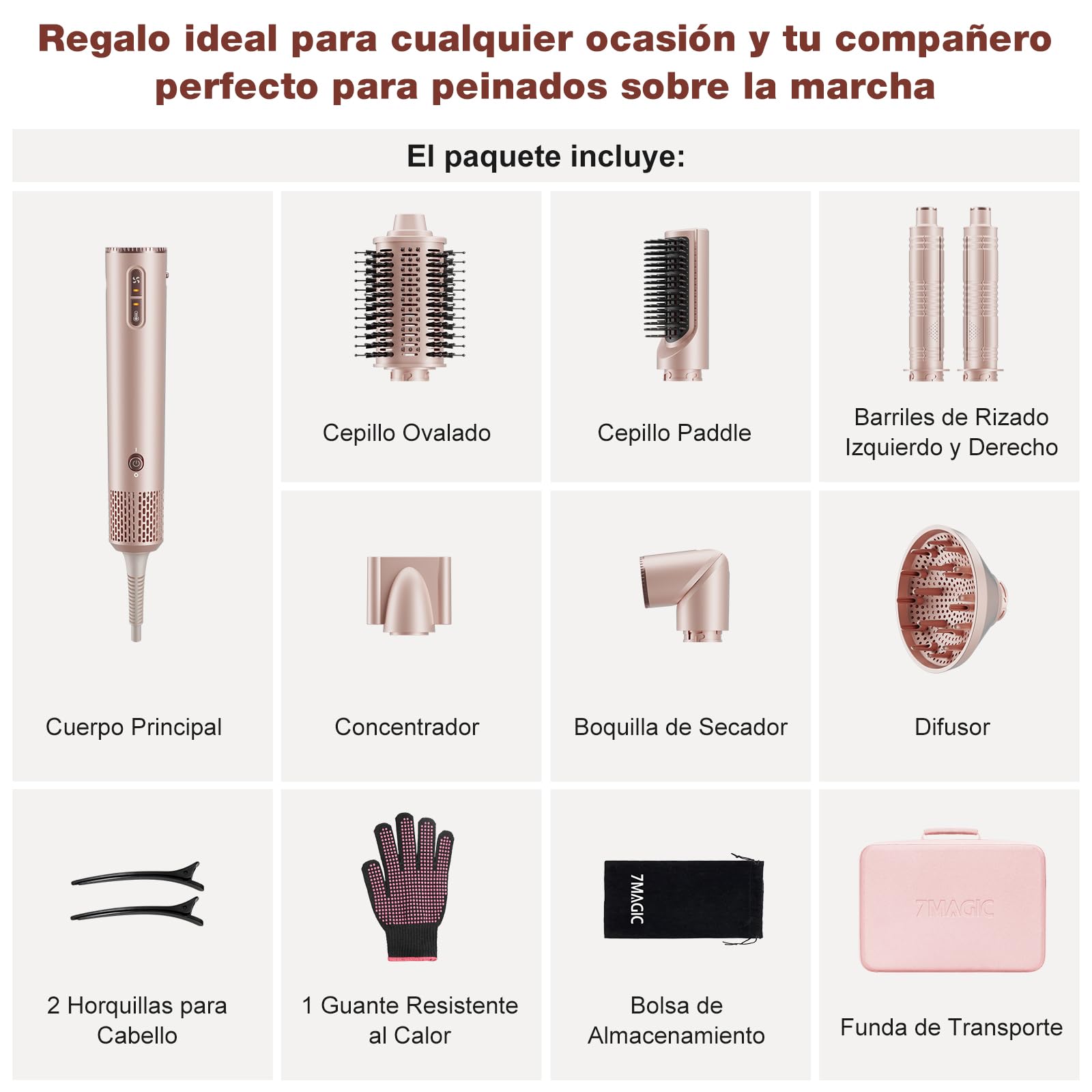 7MAGIC 7 en 1 Moldeador Pelo Aire, Cepillo Secador de Pelo Iónico, Rizador Automático, con Tecnología Coanda y Estuche de Viaje