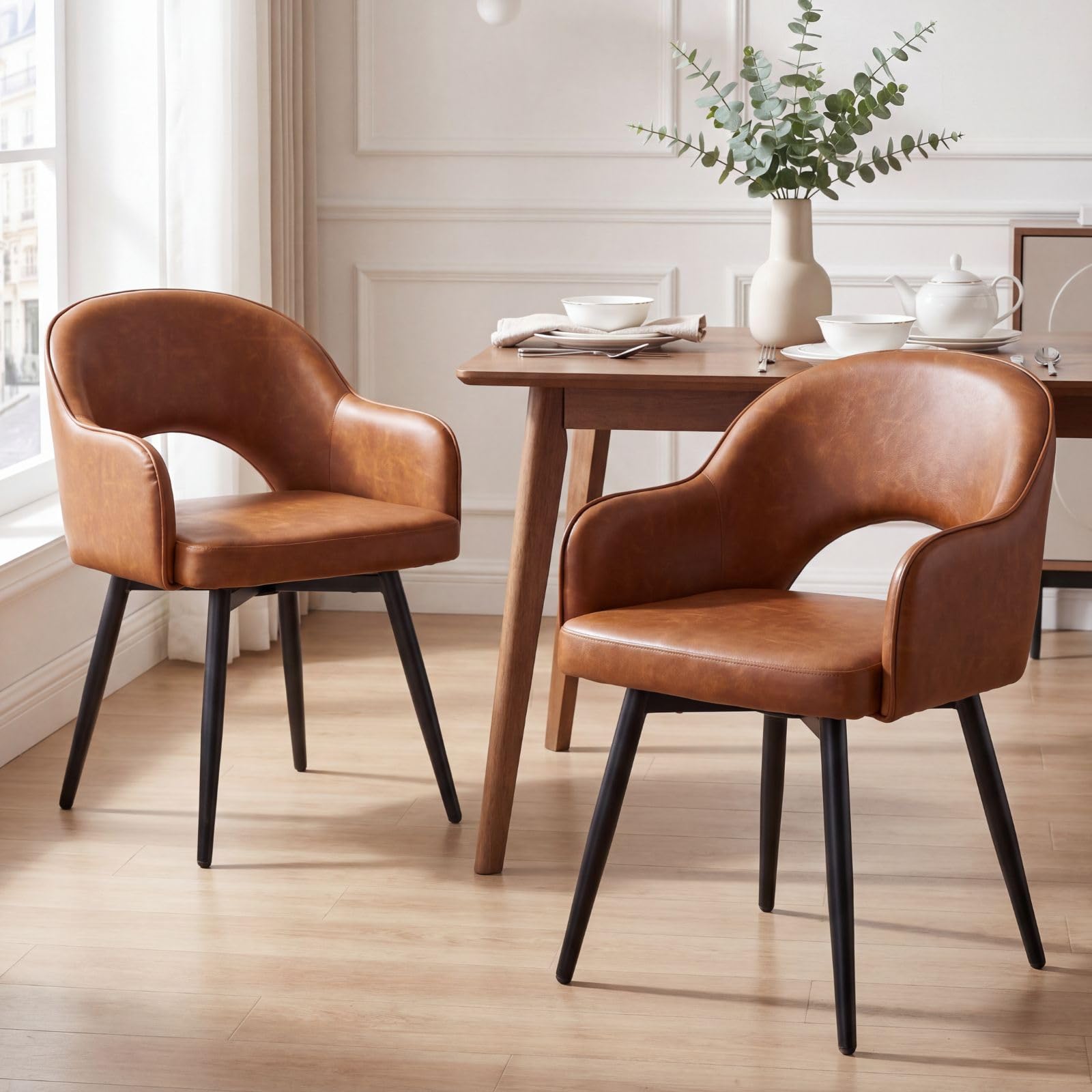 Ya-Home Juego de 2 Sillas de Comedor Silla Cocina Giratoria,Marrón | PU Cuero, Giro 360, Patas Metal, Cojín Comodo , Brazos y Respaldo Hueca, Antideslizante, para Hogar/Restaurante, MAX 113KG