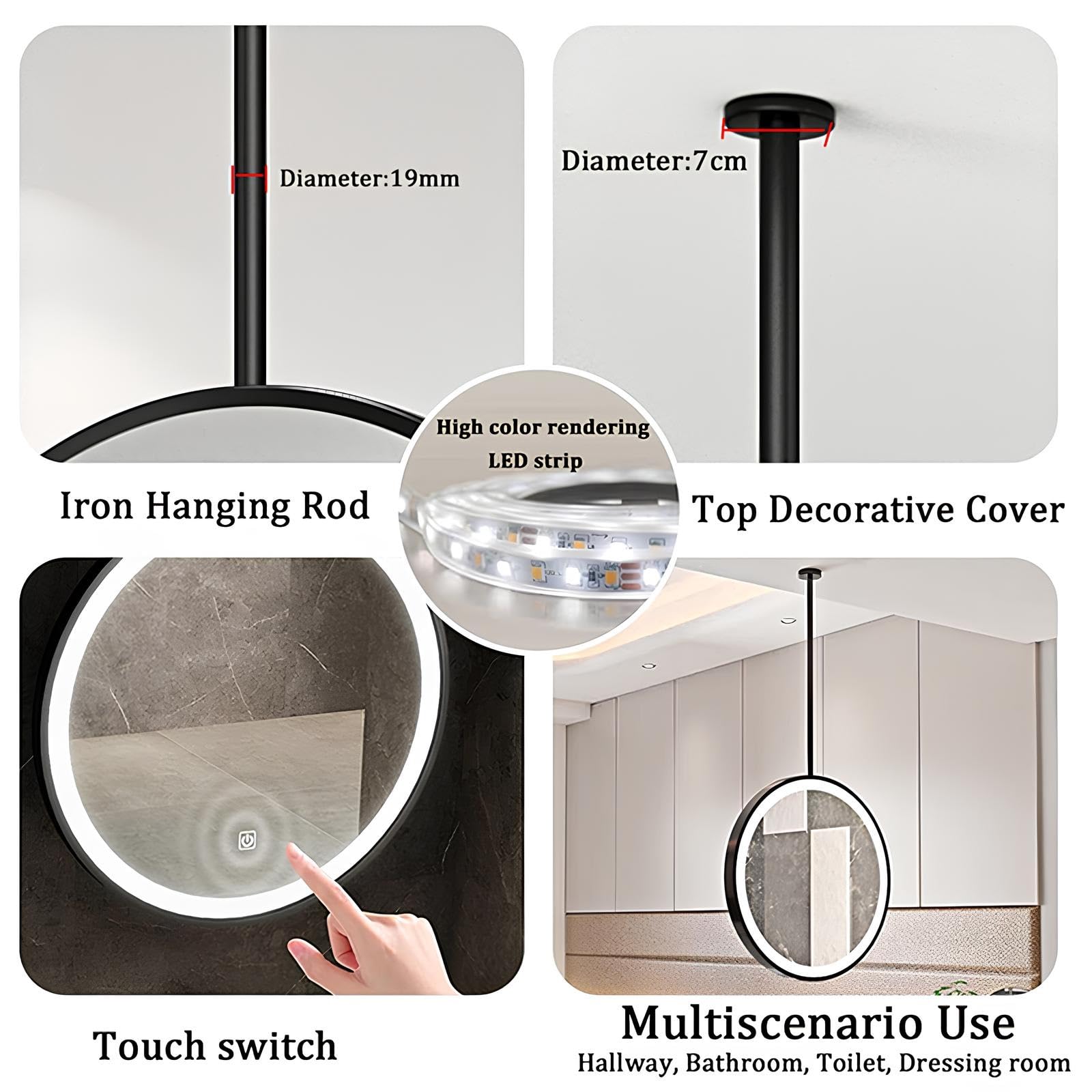 Okrągłe sufitowe lustro do makijażu LED Smart Touch Lustro łazienkowe ze ściemniaczem 3 kolory 50 cm/19,7 cala Ele d h