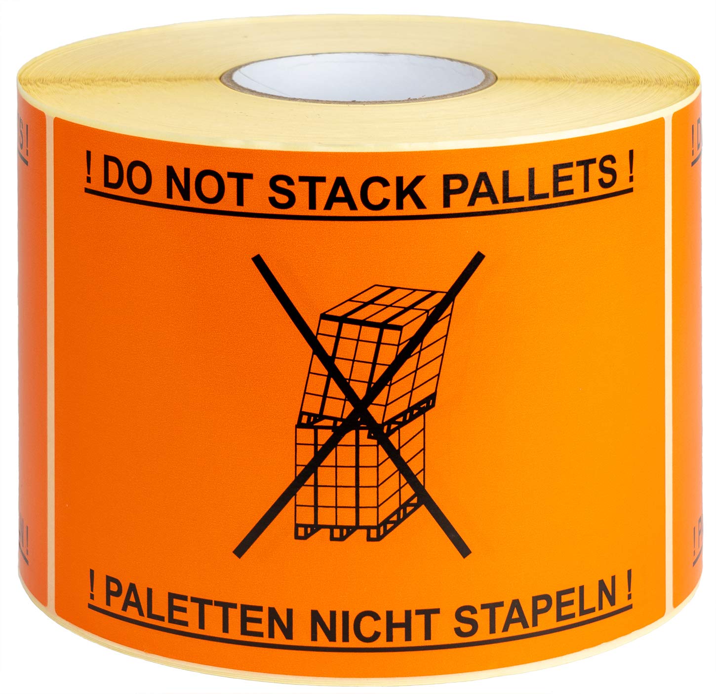 Warnetiketten auf Rolle 148 x 210 mm - Palette nicht stapeln! - dt. und engl., 1000 Stück je Rolle, Haftetiketten aus Papier, 4 Roll.