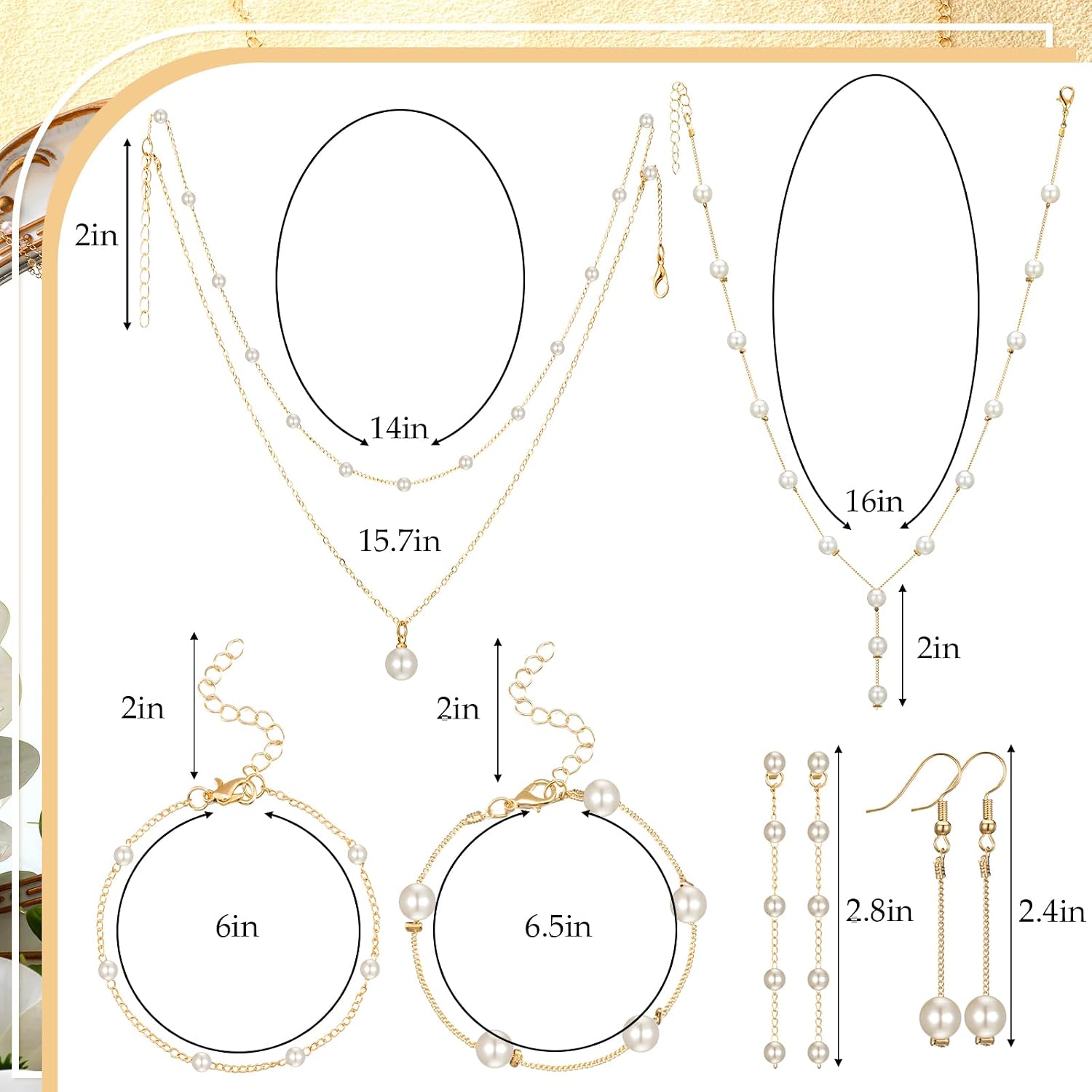 Quelay 9 Pcs Gold Pearl Jewelry Set for Women Includes Gold Plated Pearl Necklace, Drop Earrings, Bracelet for Wedding Bride Jewelry Gift