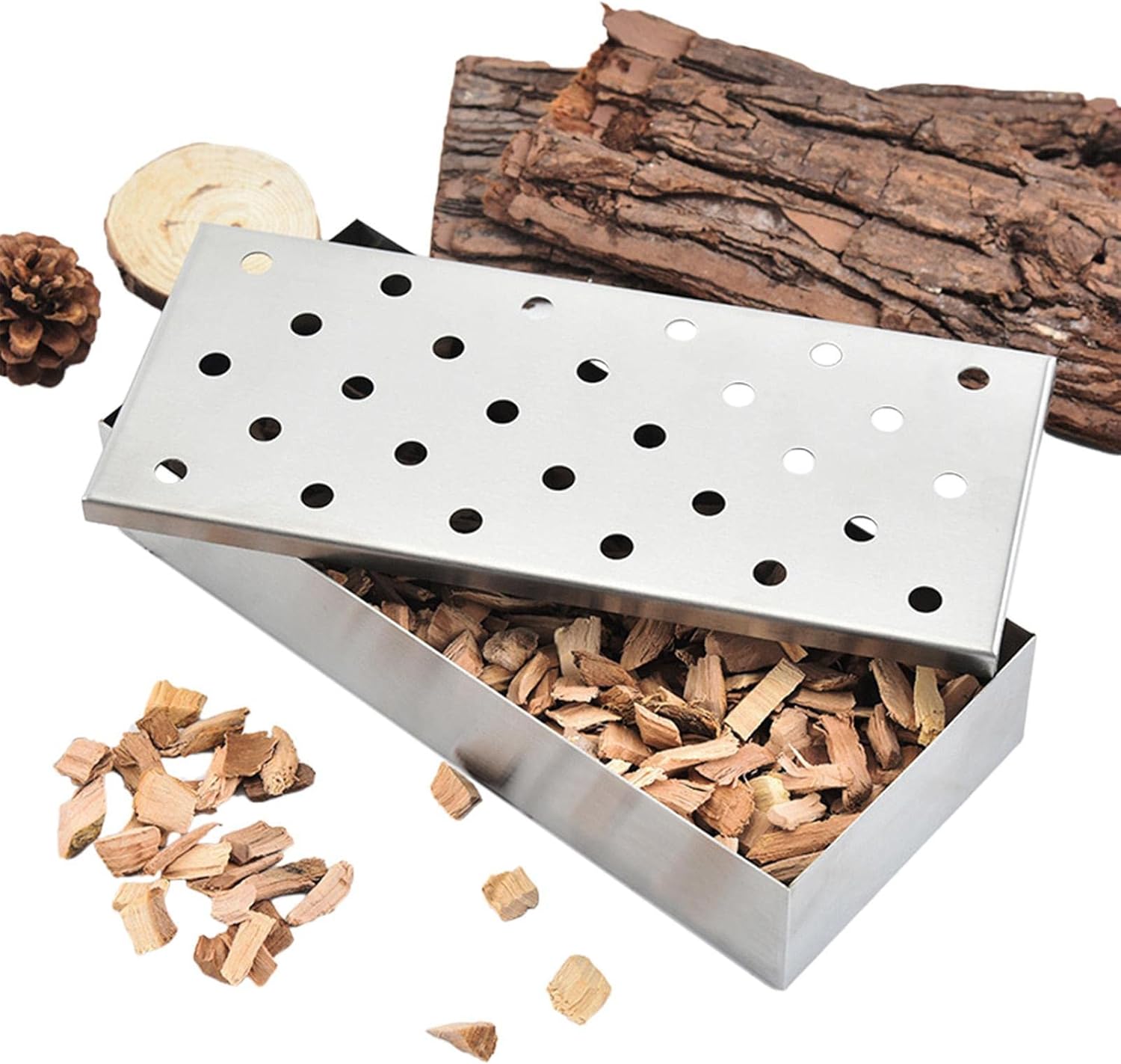 Amazon.co.jp ステンレス スチール スモーカー ボックス, スチール製スモーカーボックス, 炭のプロパンのグリルのための蝶番を