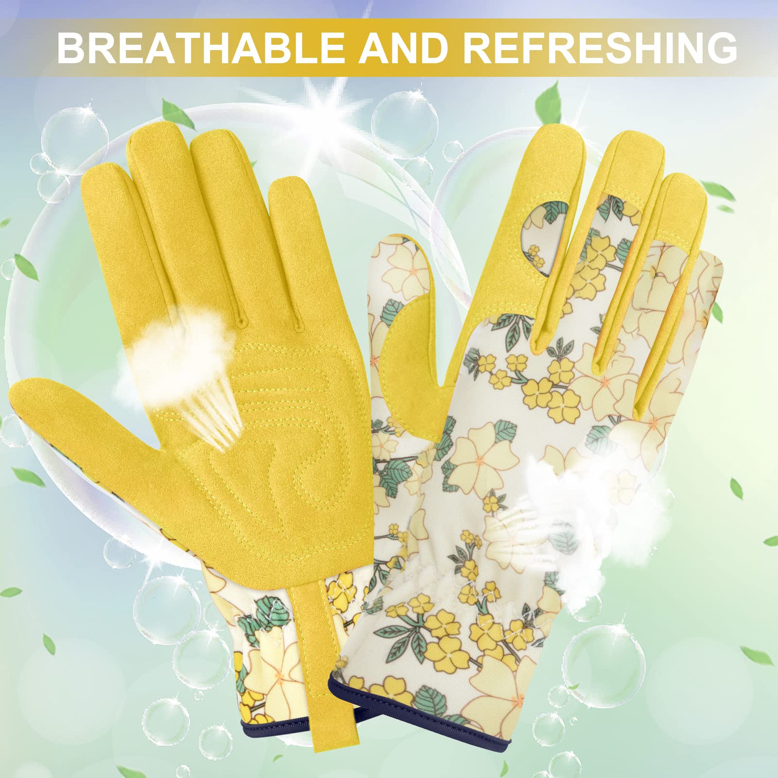Damen-Gartenhandschuhe, Leder-Gartenhandschuh für Damen, dornensicher, kein Stich zum Graben, Pflanzen, Beschneiden (Größe L, Gelb)