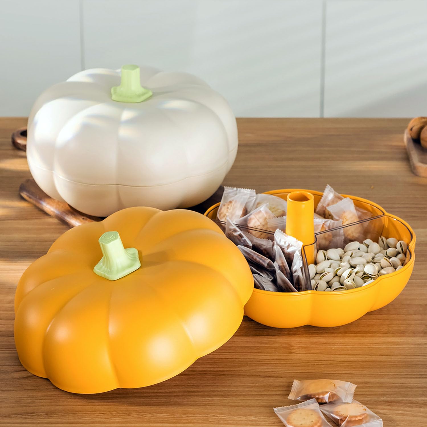 Amazon.com: FYUEROPA Big Pumpkin Snack Holder with Lid, Double Layer  Serving Container with 3 Divided Compartments, Candy Fruit Nut Tray, Snack  Bowl (White) : Home & Kitchen