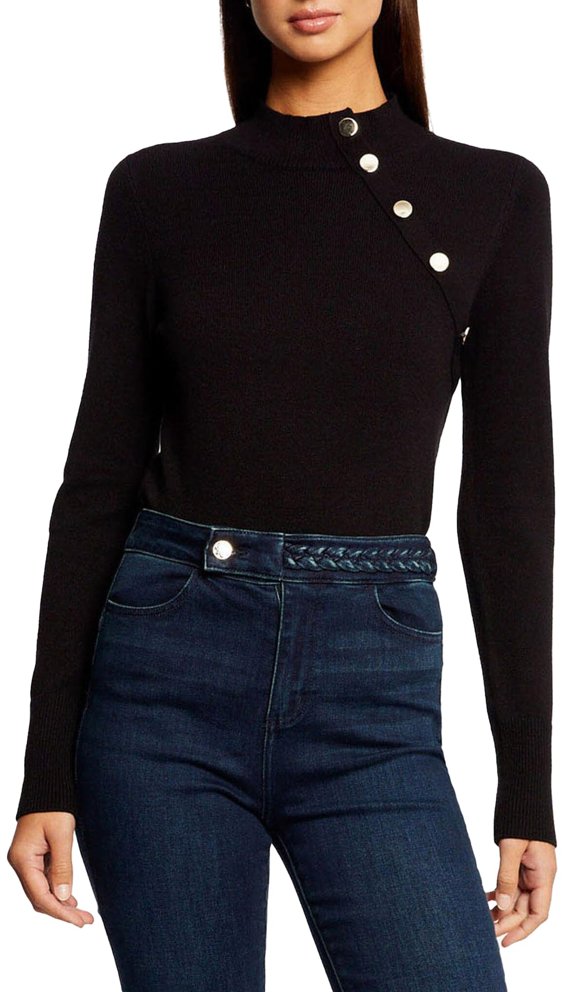 Morgan Long Sleeve Sweater with Decorative Buttons, Black, S