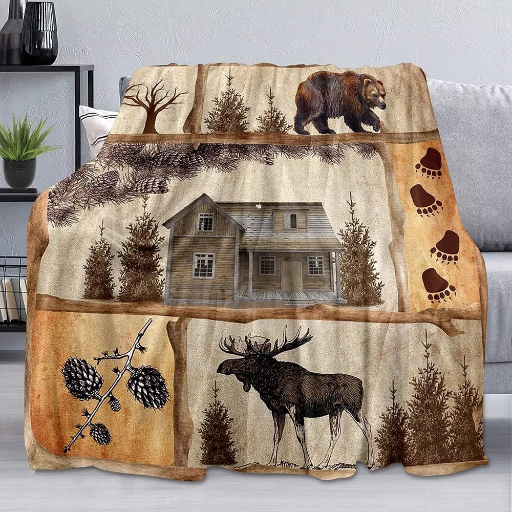 LUVIVIHOME Bear Throw Blanket, Deer Moose Elk Hunting Lodge Cabin Rustic Farmhouse Woodland Animals Blanket, Twin Blanket, Cozy Soft Fuzzy Warm Flannel Fleece Blanket for Bed, Couch, Sofa, 60"x80"