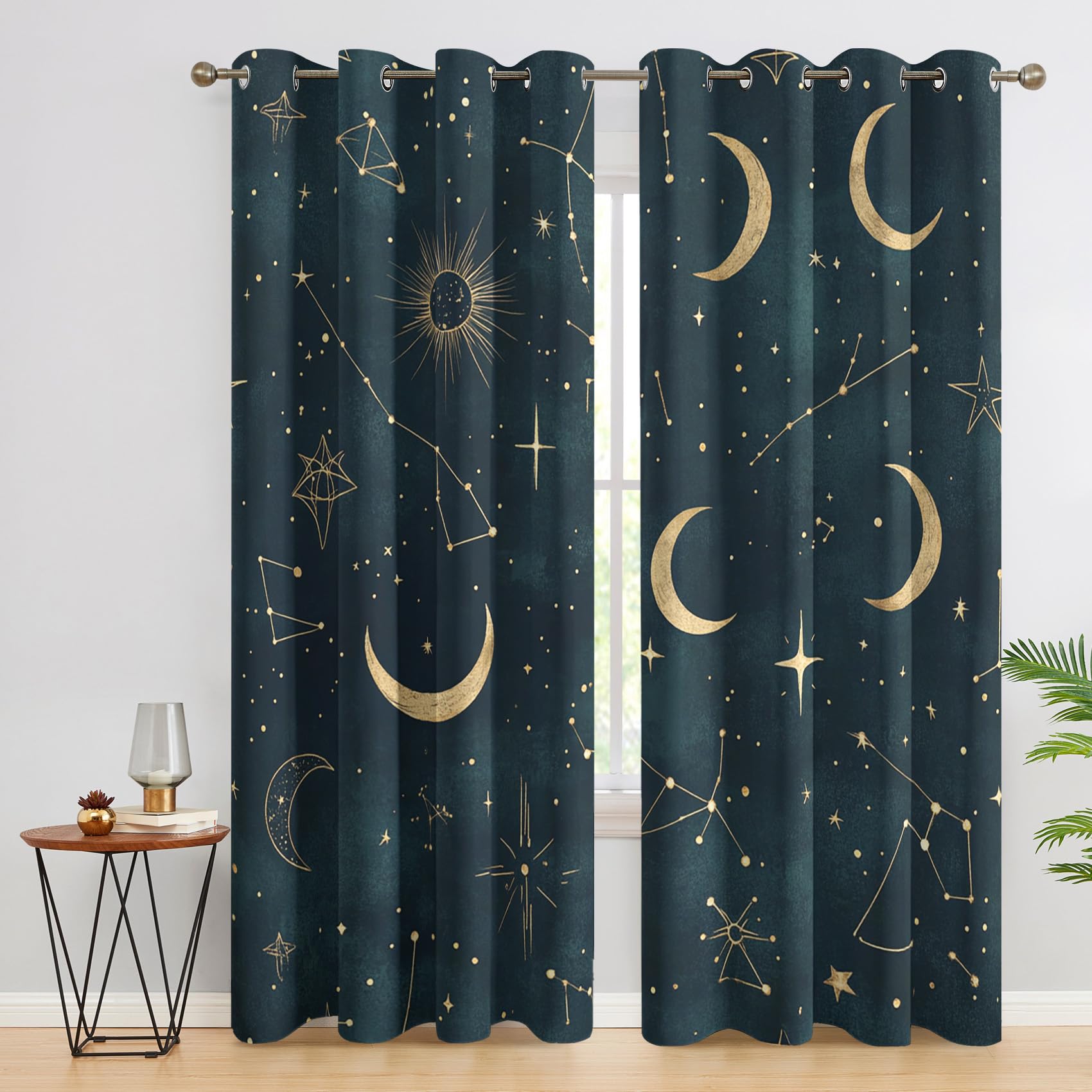 Generisch Vorhang Sterne Mond Blickdicht, Vorhänge Witchy Sternbilder, Fenster Gardinen Schlafzimmer Wohnzimmer, Verdunklungsvorhänge mit ösen, Thermovorhang, 2er Set Curtains, H 175 x B 140 cm Uj55