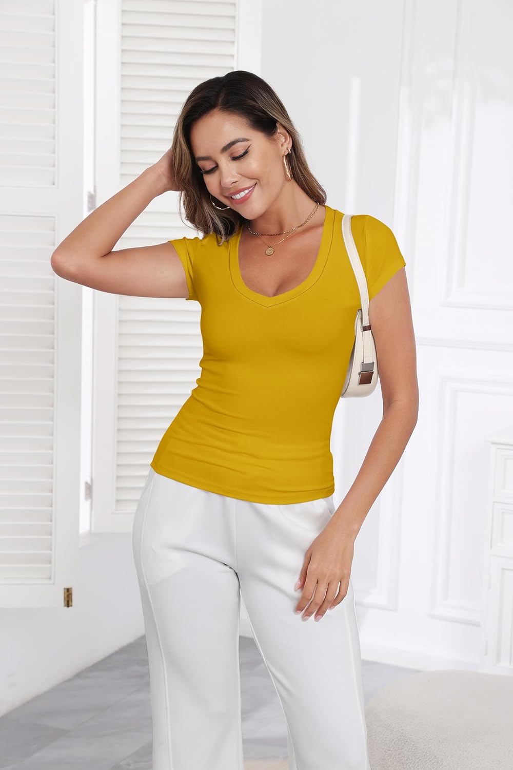 PALINDA Women's V Neck Fitted Shirts Basic Casual Stretchy T Shirt Short Sleeve Summer Tops - Image 2