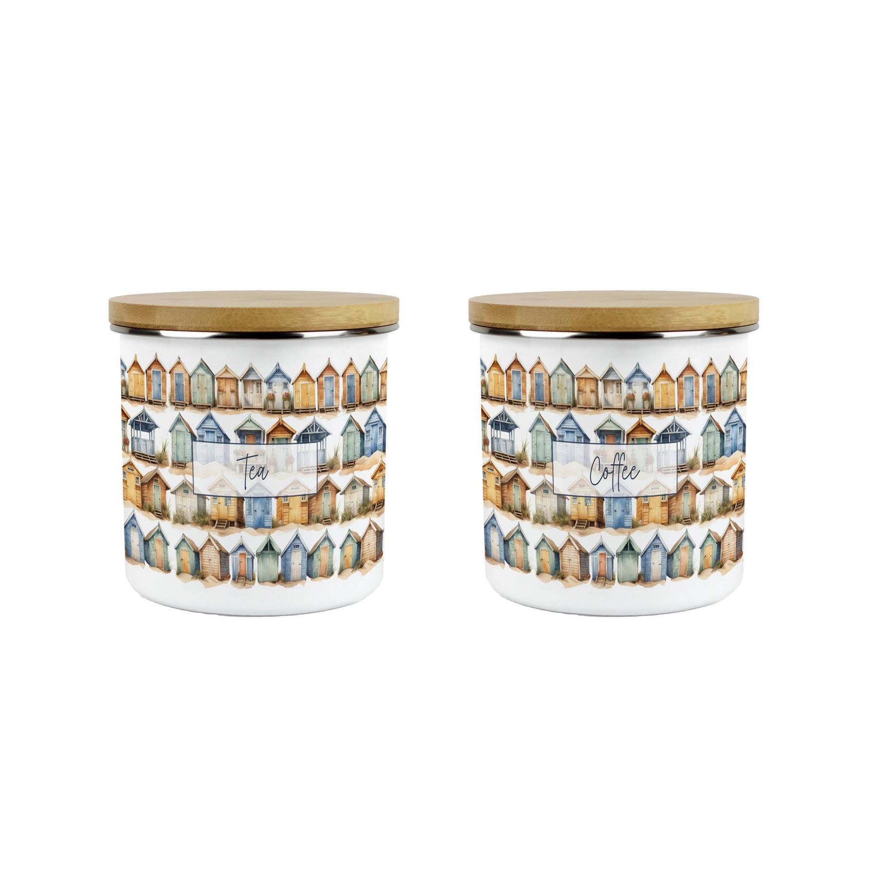 Purely Home Beach Huts Tea & Coffee Storage Canisters Set - Seaside Beach Coastal Gift - Metal Enamel Hot Drinks Storage Containers Set of 2