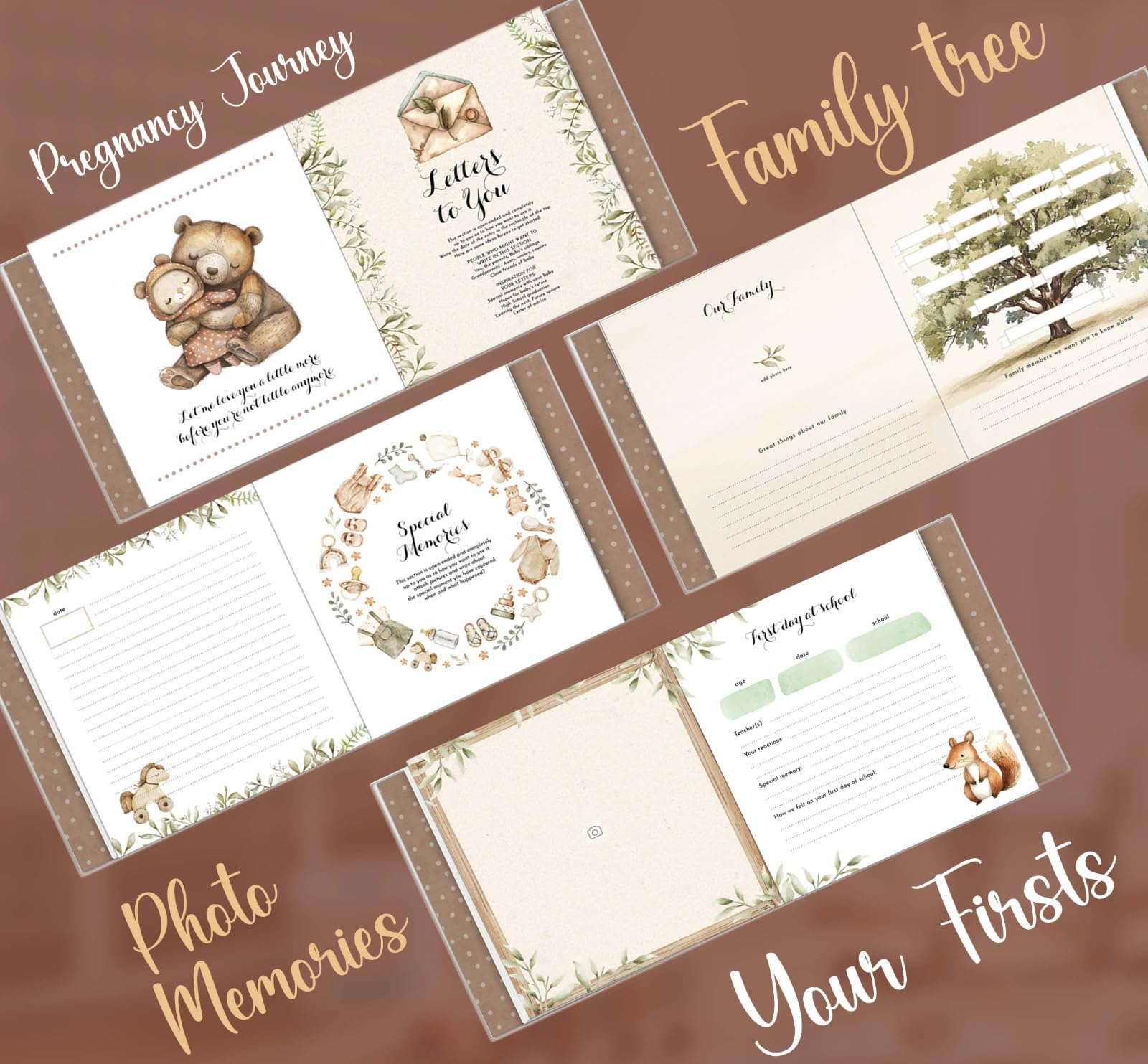 Babyalbum und Erinnerungsbuch perfekt für Jungen oder Mädchen, Teddybär-Design Baby erste 5 Jahre Babybuch, Baby-Erinnerungsbuch mit einzigartigem Stift, Hardcover mit 90 einzigartigen Seiten, Baby