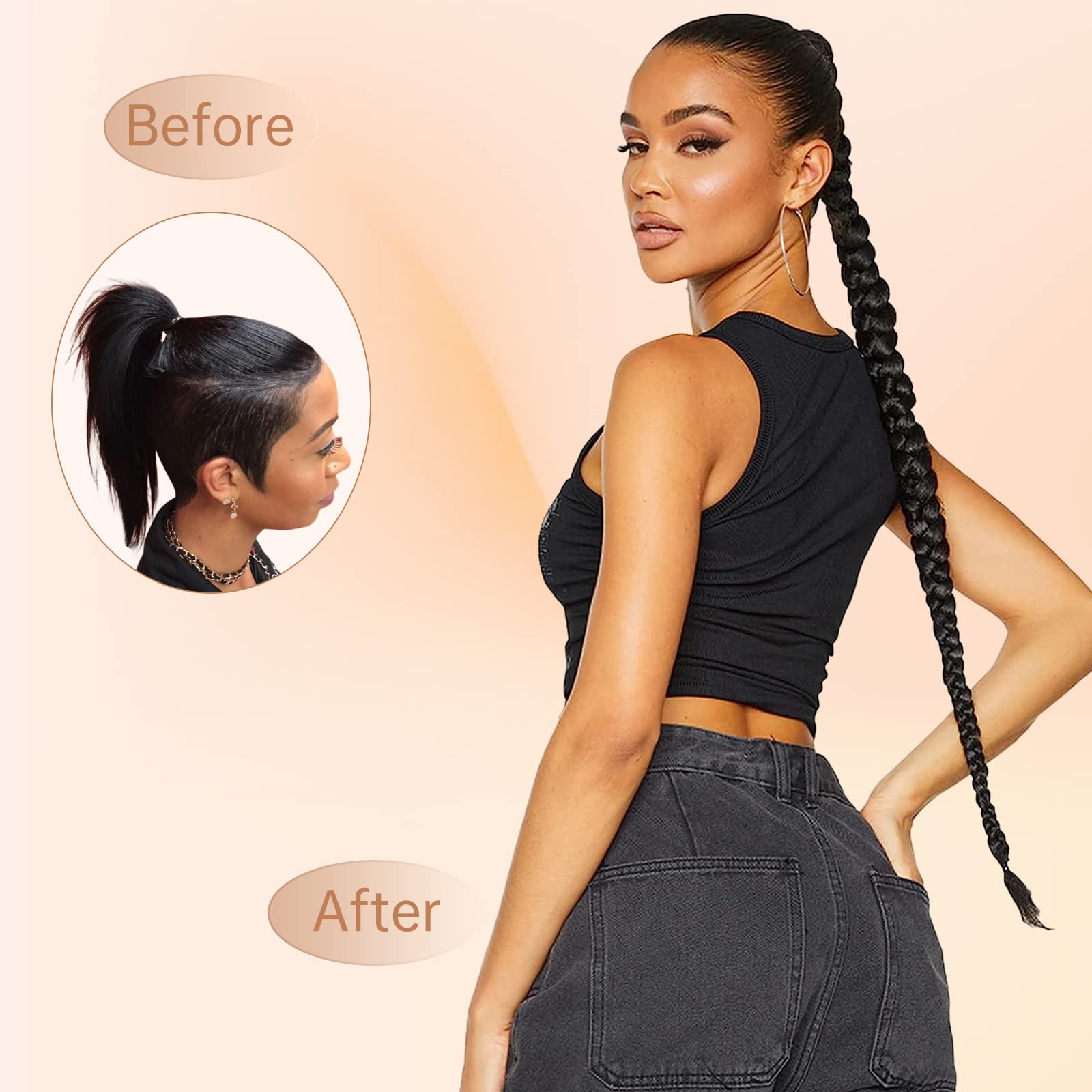 MY-LADY Long DIY Braided Ponytail Extension with Elastic Tie Straight Wrap Around Braid Hair Extensions Pony Tail Soft Synthetic Hairpiece for Women 34 inch Natural Black - Image 4